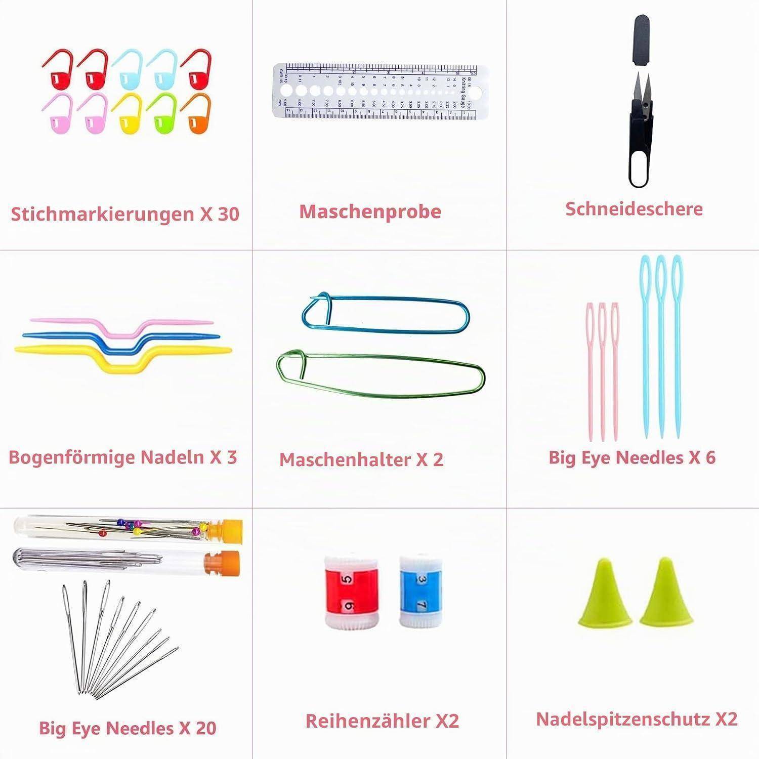 Neun Strick- und Nähaccessoires in einem 3x3-Produktraster dargestellt: Maschenmarkierer, Linealmesser, Schere, gekrümmte Nadeln, Maschenhalter, Großaugen-Nadeln, Nadeletui, Reihenzähler und Nadelkappen.