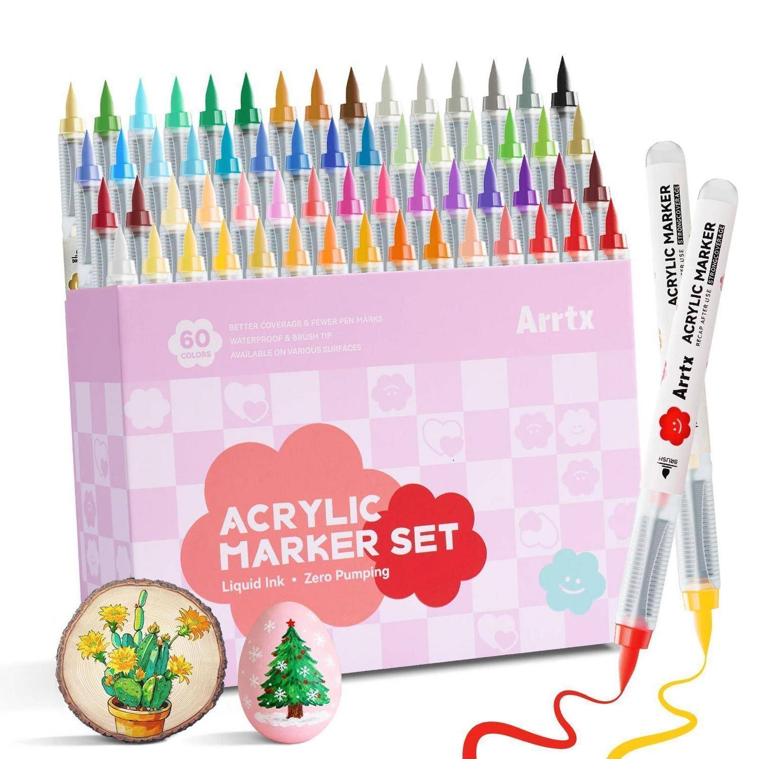 Verpackter 60er-Set mit Acrylmarkern mit Reihen von farbigen Markerstiften und zwei lose Markern neben der Verpackung.