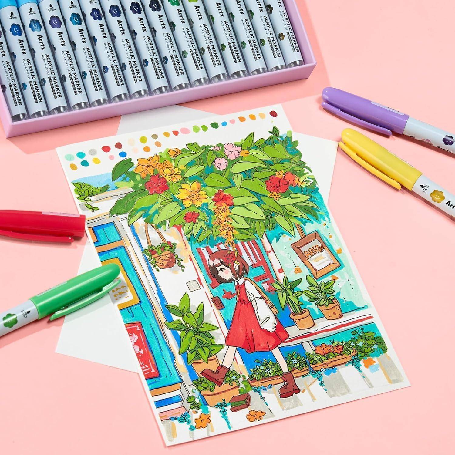 Bunte Markierungsillustration eines Mädchens, das an einem blumenreichen Geschäft vorbeigeht, umgeben von Kunstmarkern auf rosa Hintergrund.