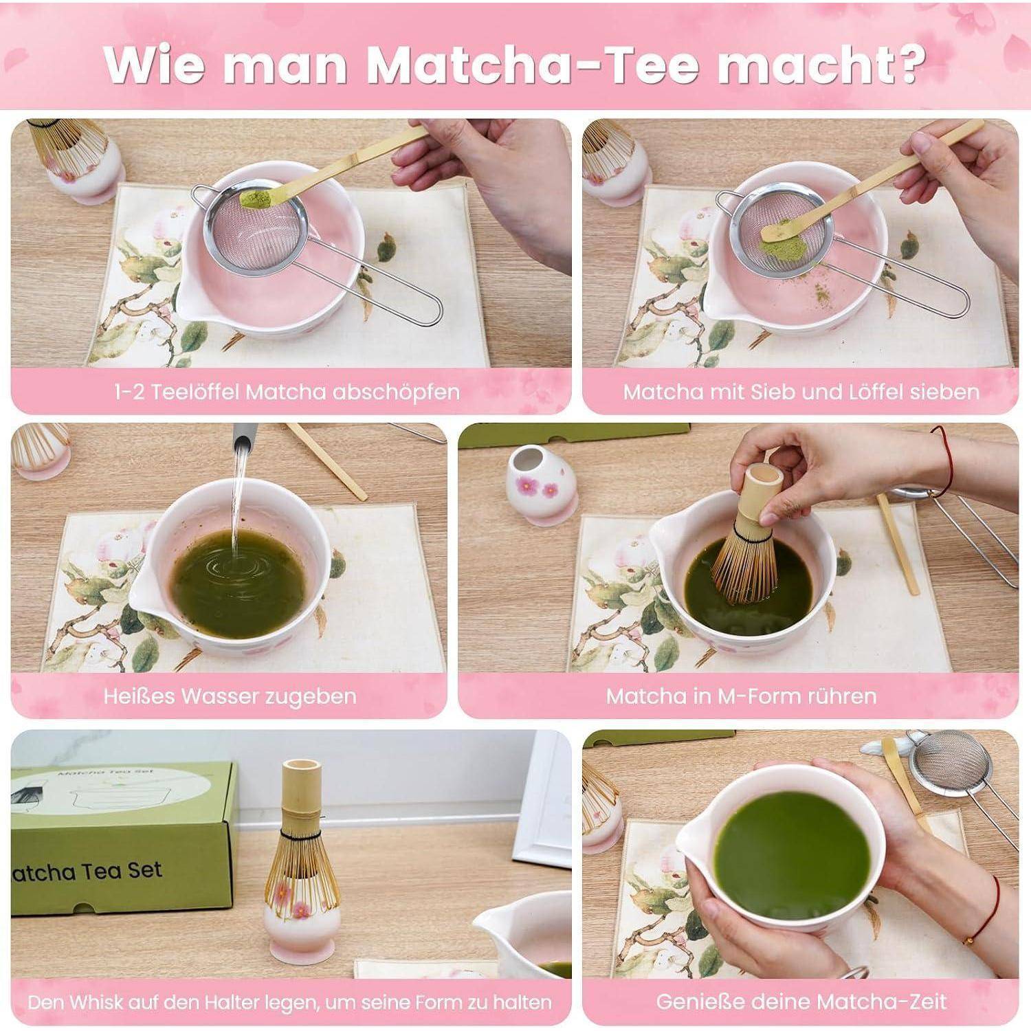Schritt-für-Schritt-Collage zur Zubereitung von Matcha-Tee: Pulver sieben, heißes Wasser hinzufügen, zu einem glatten grünen Getränk aufschäumen, dann genießen.