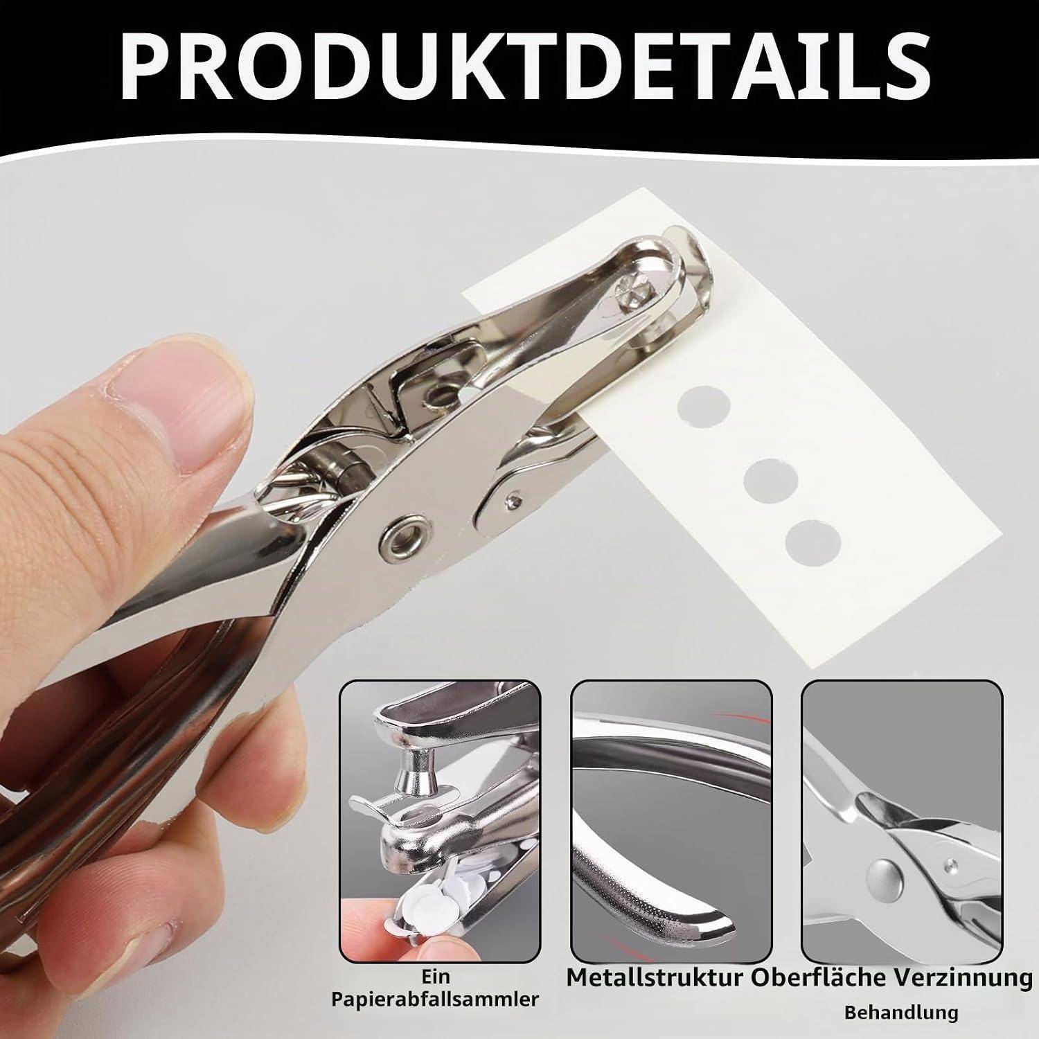 Nahaufnahme eines von einer Hand gehaltenen Locheisens aus Chrom, das ein weißes Blatt durchlocht. Der Text lautet „PRODUKTDETAILS
