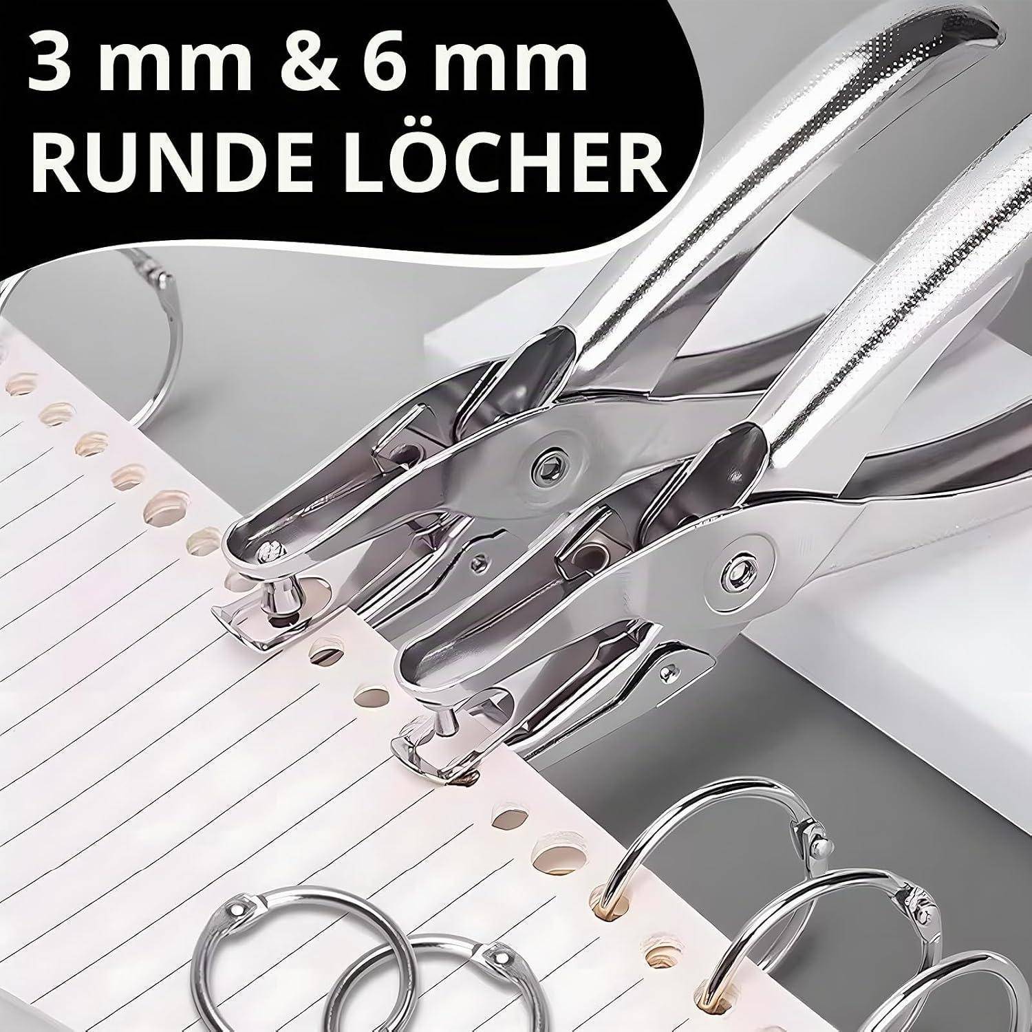 Metall-Locher macht 3 mm und 6 mm runde Löcher in liniertem Papier, mit deutschem Text „3 mm & 6 mm RUNDE LÖCHER