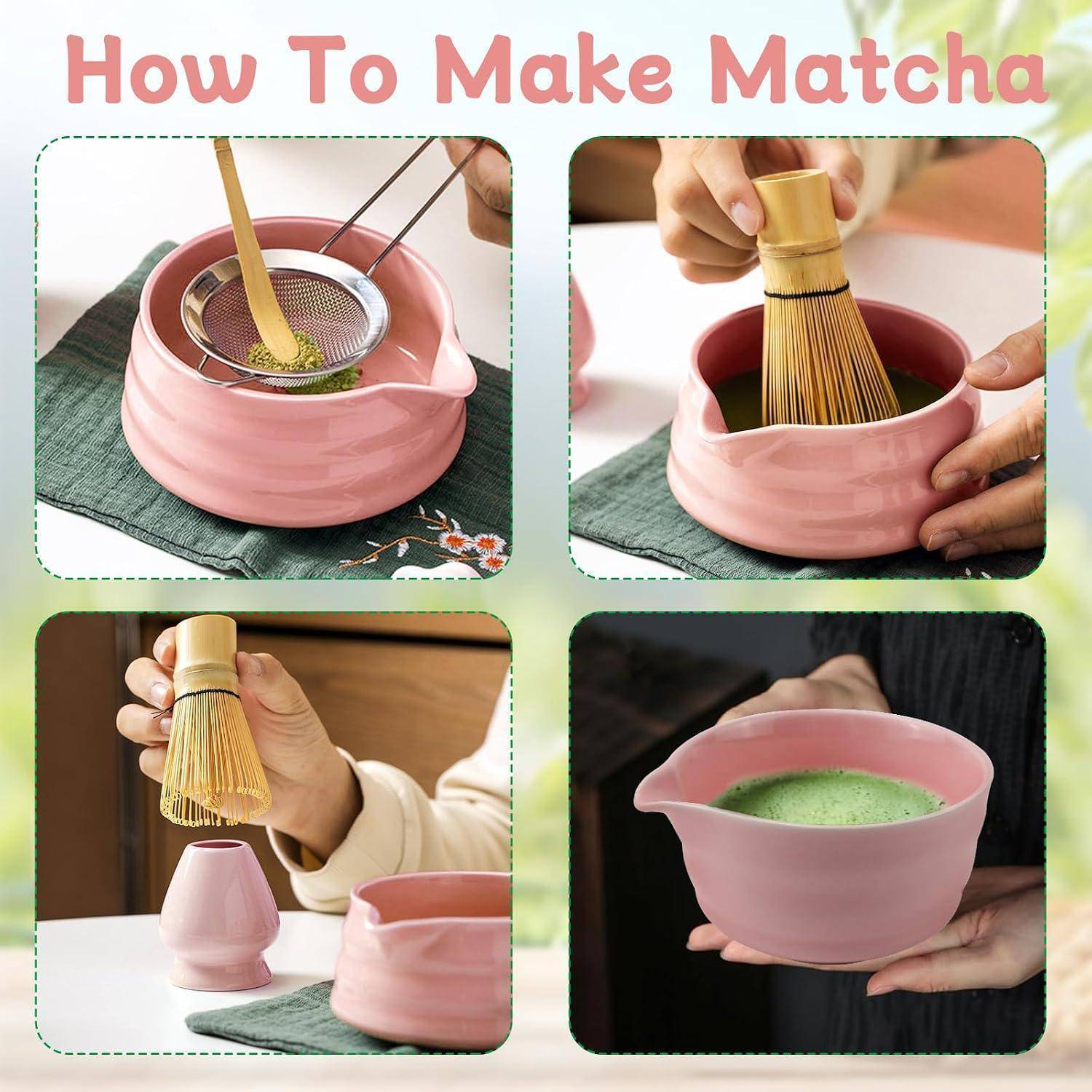 Vierschrittiges Collage mit dem Titel „Matcha zubereiten": Pulver in eine Schüssel sieben, mit heißem Wasser aufschlagen, in eine Tasse gießen und das fertige Matcha-Getränk halten.