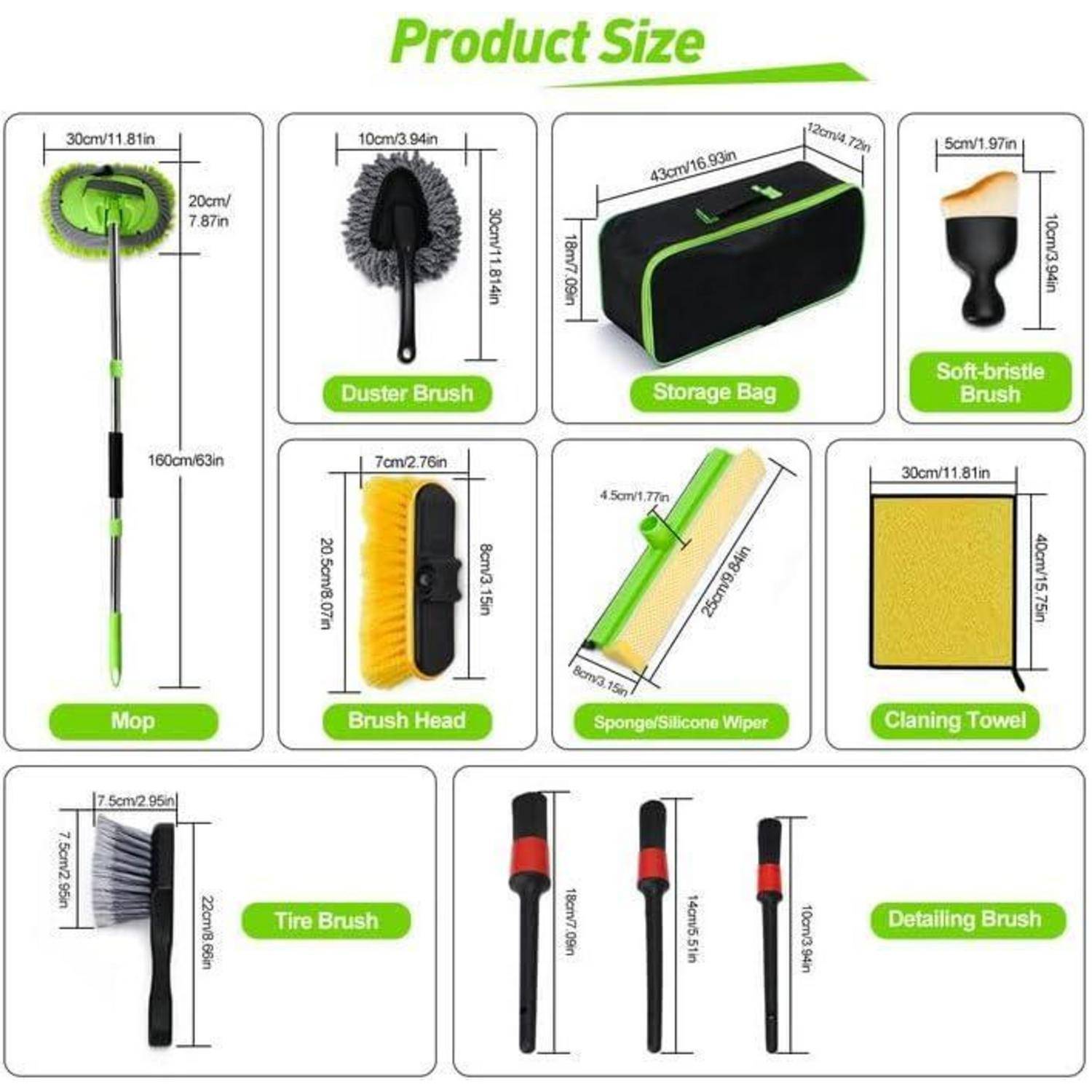 Produktgrößen-Tabelle für ein Autoreinigungs-Set mit beschrifteten Reinigungswerkzeugen und Abmessungen: Mop, Staubwedel, Aufbewahrungstasche, Bürste mit weichen Borsten, Bürstenkopf, Schwamm/Silikonwischer, Reinigungstuch, Reifenbürste und Detaillierungsbürsten.