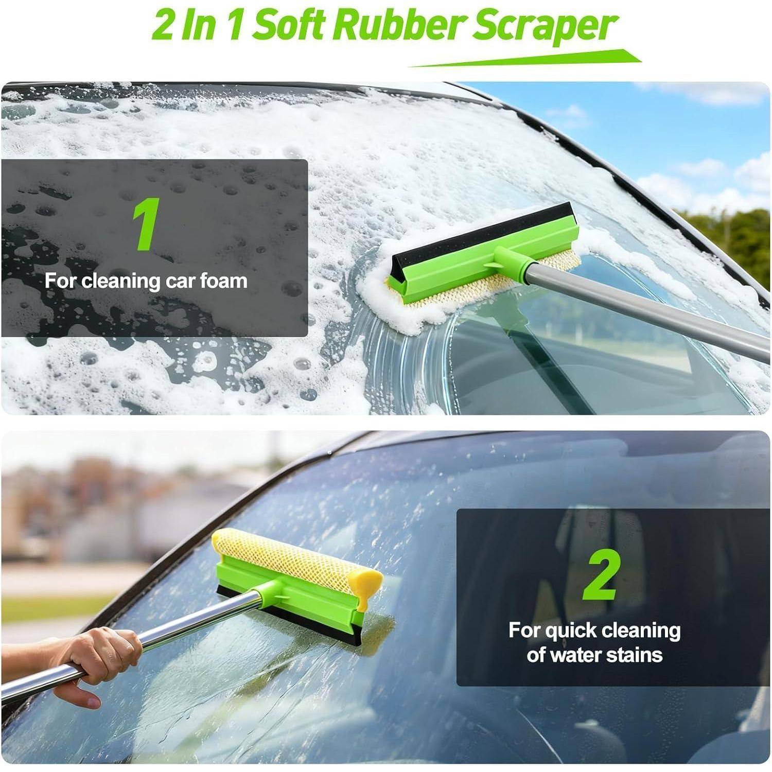 Werbebild, das einen 2-in-1-Schaber aus weichem Gummi zeigt, der auf einer Autoscheibe zur Reinigung von Schaum und zum schnellen Entfernen von Wasserflecken verwendet wird.
