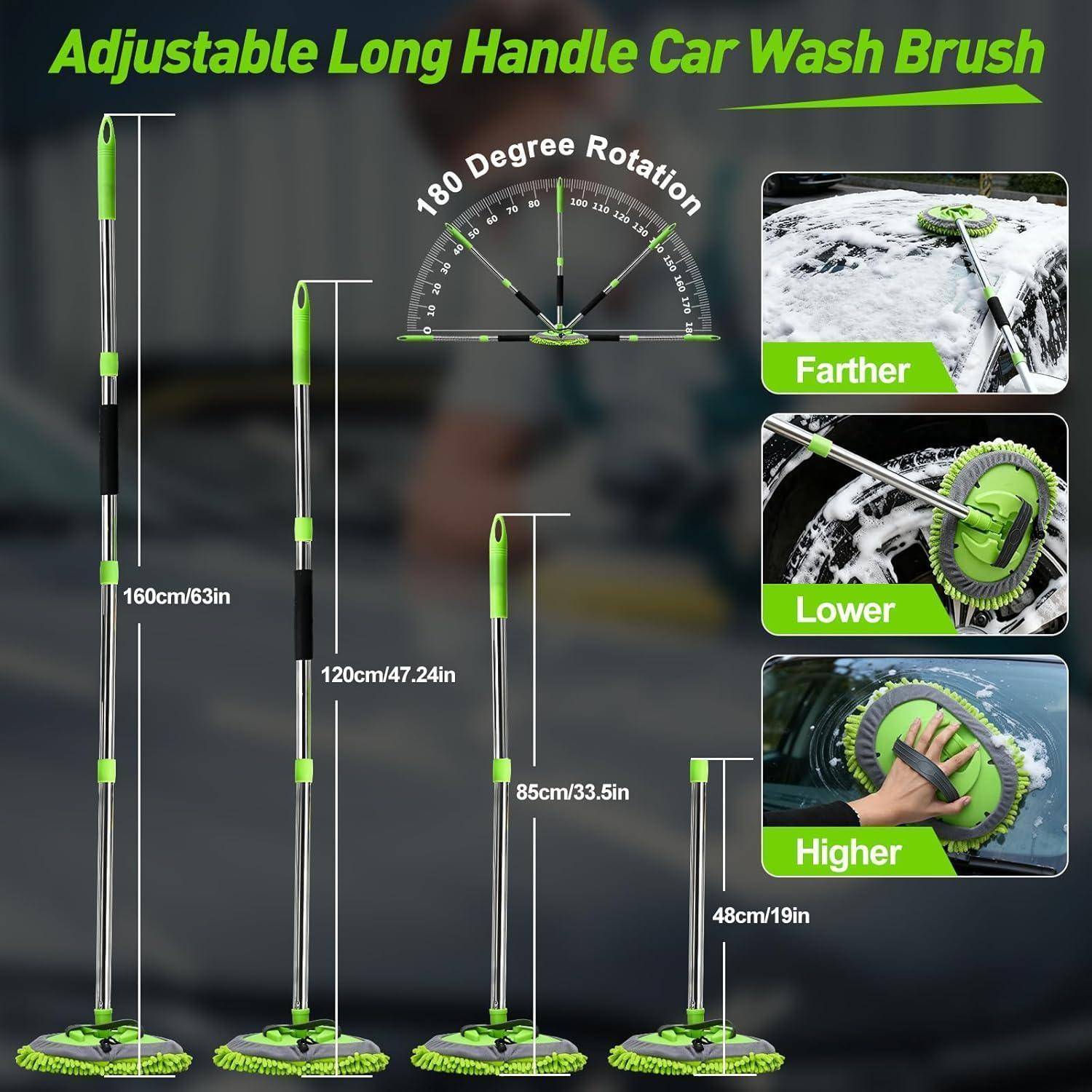 Produktgrafik einer verstellbaren Autowäschebürste mit langem Griff und 180-Grad-Rotation, die vier Längeneinstellungen zeigt: 160 cm, 120 cm, 85 cm und 48 cm, plus Nahaufnahmen der Verwendung auf einem Auto.