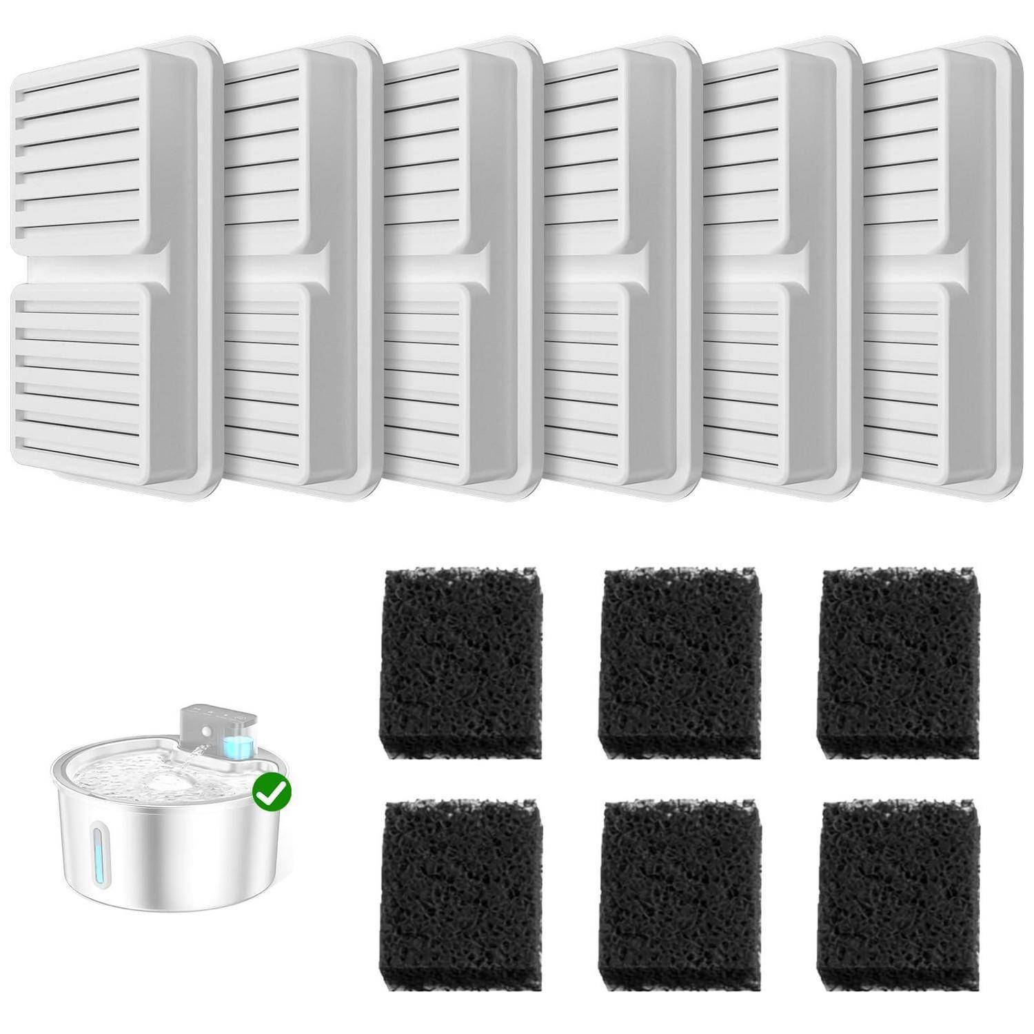 PawPoll Filter, 6 Stück Filter + 6 Stück Schaumstofffilter für 3.2L Trinkbrunnen für Katze, Katzenbrunnenfilter Aktivkohle - 6 Filter + 6 Schaumst