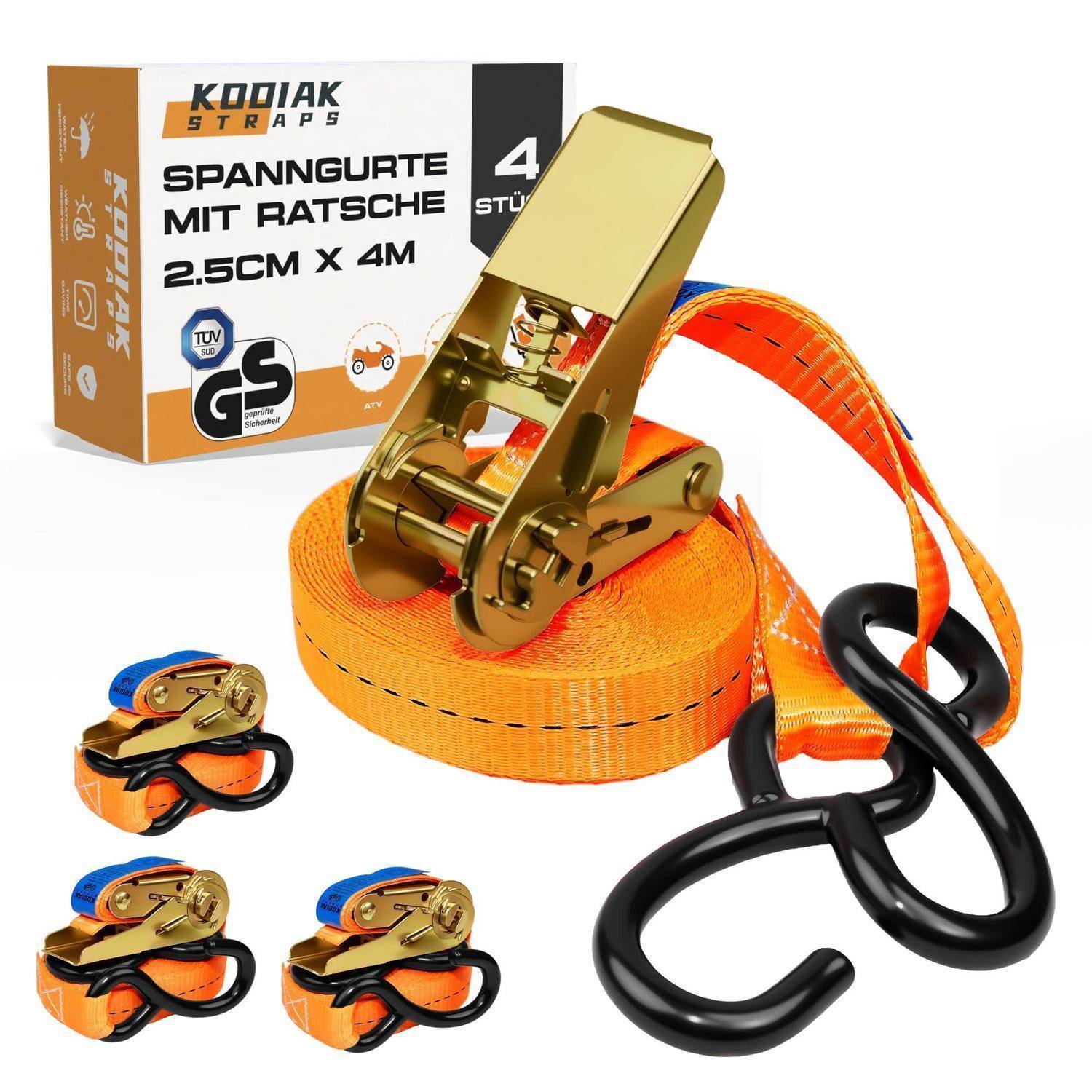 Produktbild eines Kodiak Straps Ratschengurt-Sets: orange 2,5 cm x 4 m Gurte mit goldenem Ratschenverschluss, Haken und Einzelhandelskarton mit Aufschrift „4 Stück