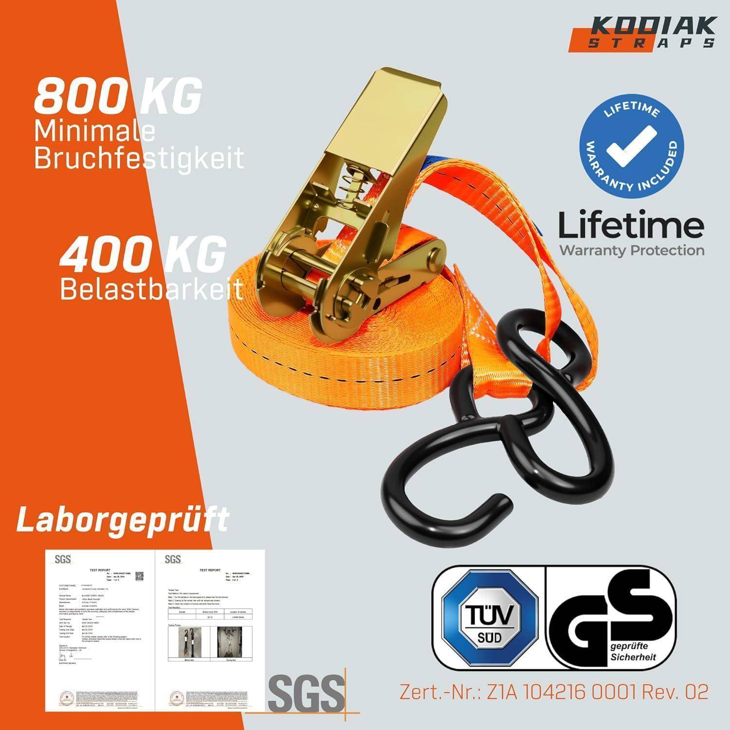 4 Stück Spanngurte 4m x 800kg mit Ratsche und S-Haken - 25mm Zurrgurte mit Ratsche - Orange Ratschengurt für Ladungssicherung - TÜV/GS geprüft nac