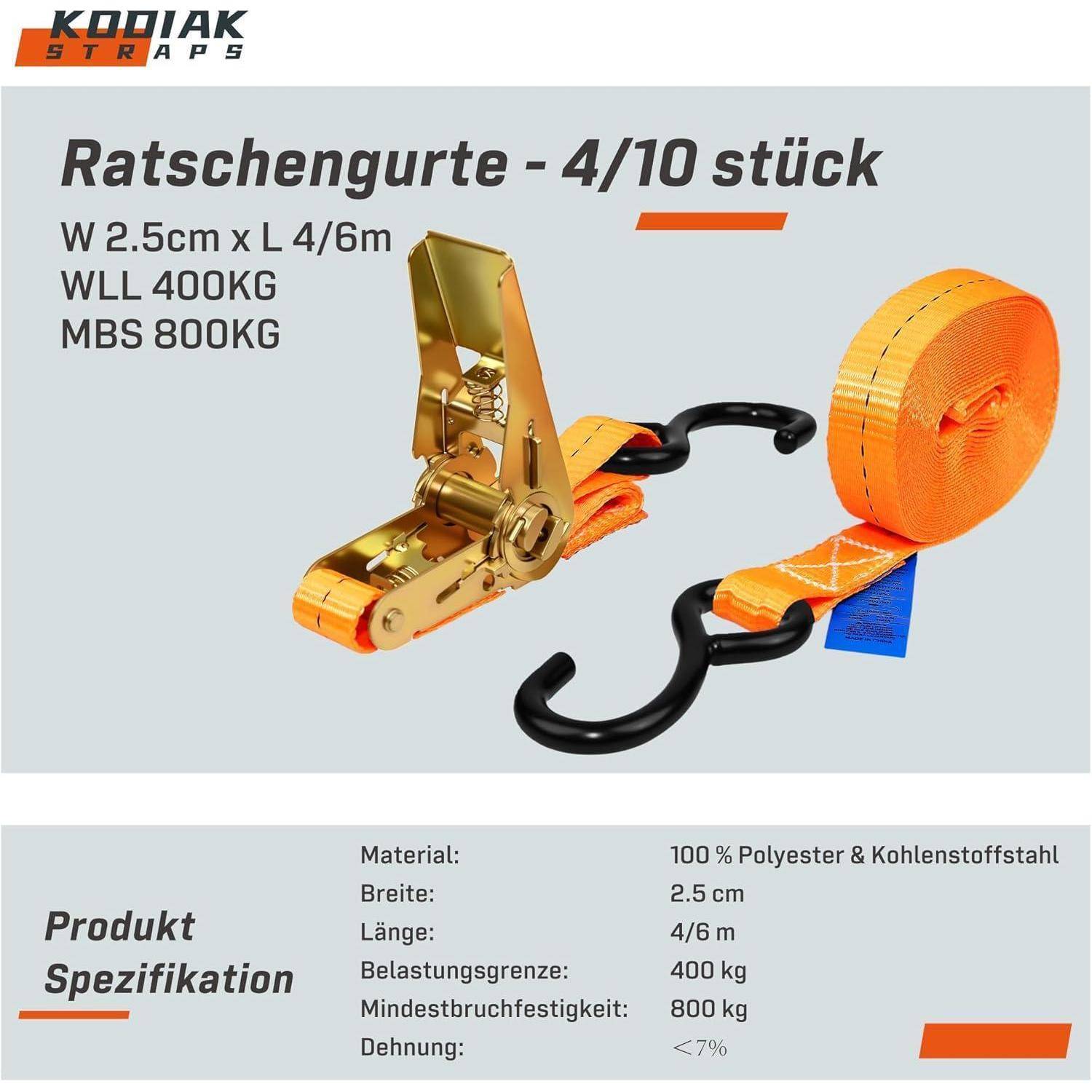 Kodiak Straps Ratschengurt-Set, 4 von 10 Stück, orange 2,5 cm x 4/6 m, WLL 400 kg, MBS 800 kg, mit angezeigten Produktspezifikationen.