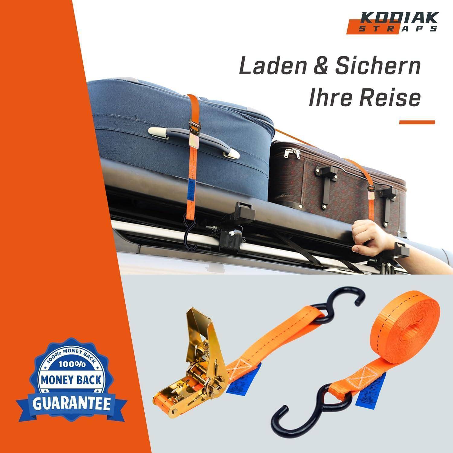 Werbebild für Kodiak Straps mit auf einem Dachträger eines Autos gesichertem Gepäck mit orangefarbenen Spanngurten, sowie Ratschengurten und einem Badge mit 