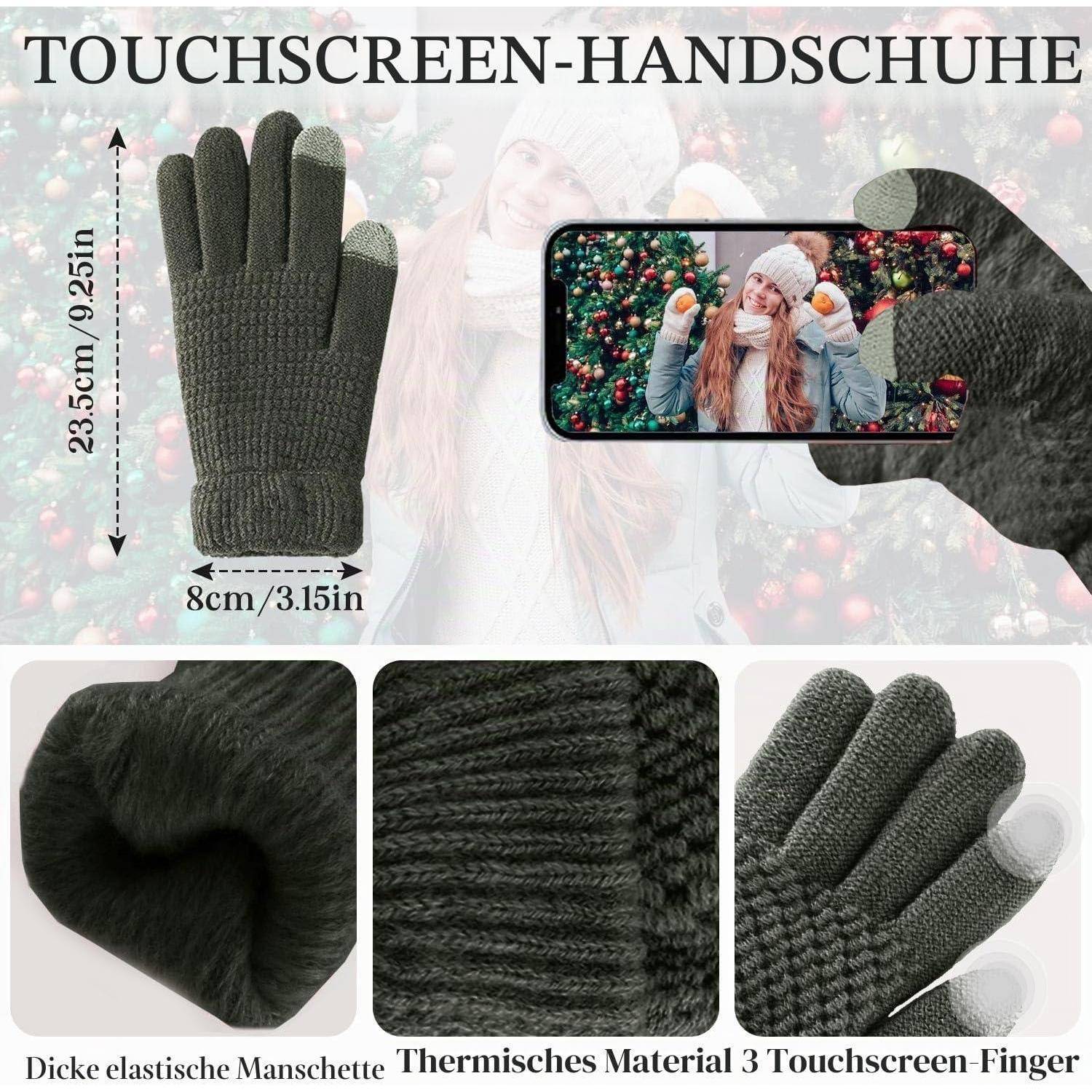 Produktbild von dunklen Strickhandschuhen mit Touchscreen-Funktion, gezeigt mit einer Frau, die ein Telefon benutzt; umfasst Größenmessungen und Nahaufnahmen der Manschette, des Materials und drei Touchscreen-Fingerspitzen.