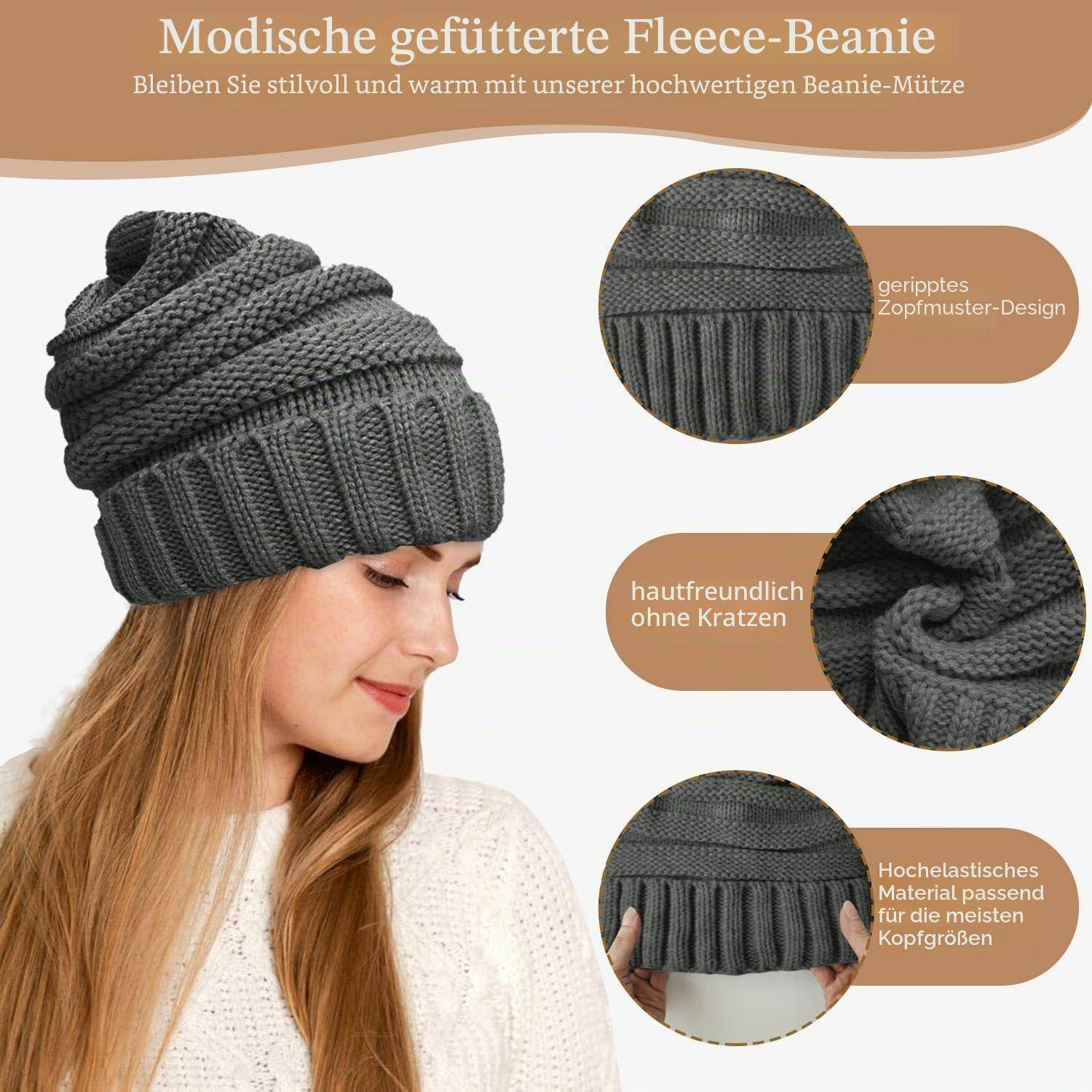 Frau, die eine graue gefütterte Fleece-Mütze trägt; eingefügte Nahaufnahmen zeigen gestrickte Rippenmusterung, weiches kratzendes Gewebe und elastische Passform für die meisten Kopfgrößen.