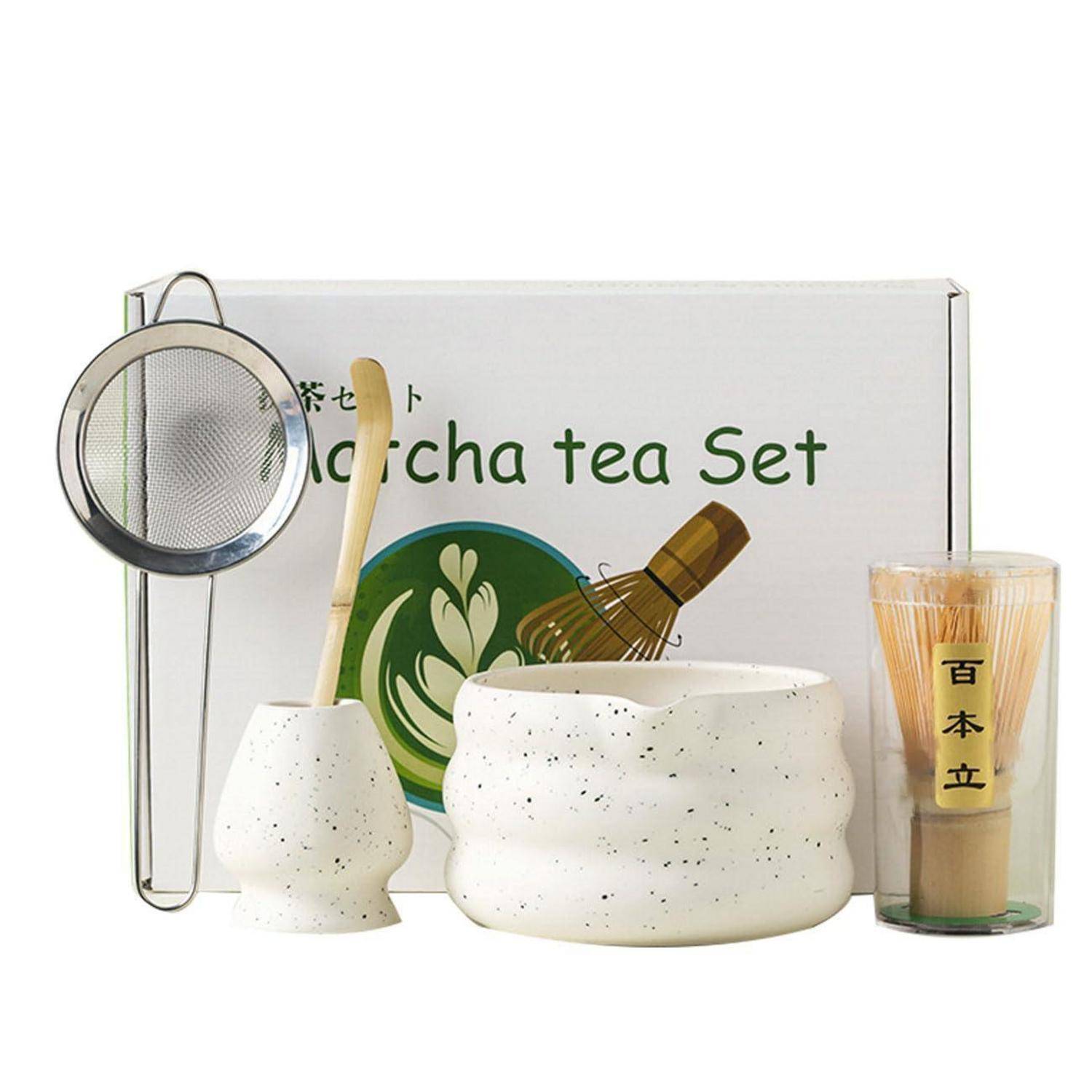 Matcha Set – Schale, Bambusbesen, Sieb, Löffel und Halter | Komplettes 5-teiliges Matcha-Tee-Set – für traditionelle japanische Teerituale（Wei