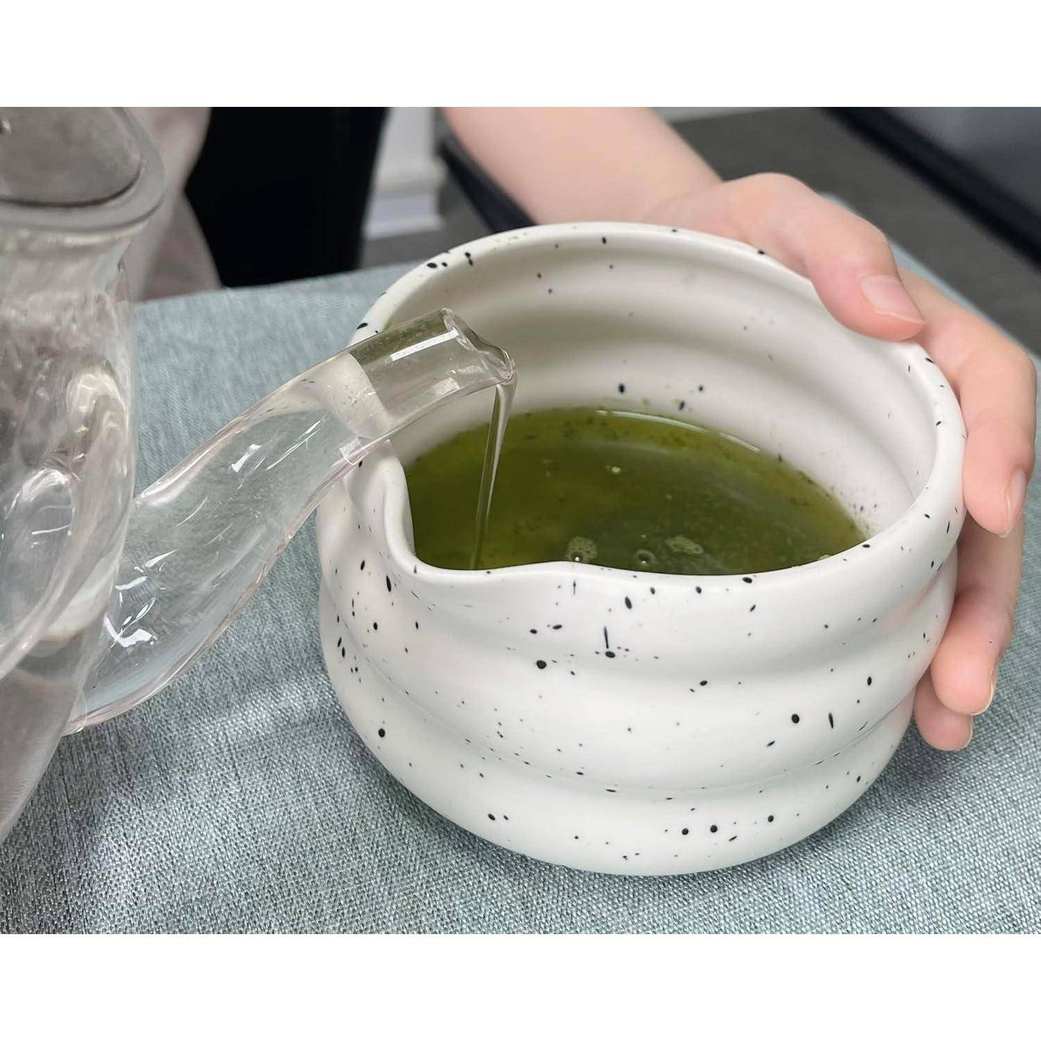 Matcha Set – Schale, Bambusbesen, Sieb, Löffel und Halter | Komplettes 5-teiliges Matcha-Tee-Set – für traditionelle japanische Teerituale（Wei