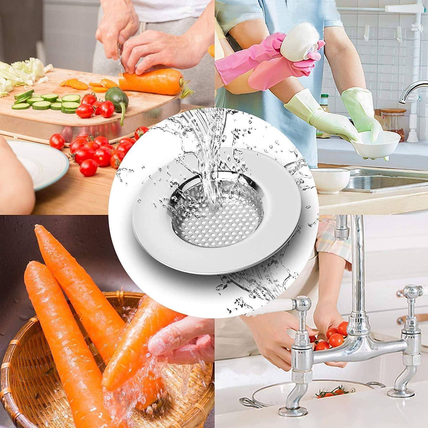 Eine Collage, die ein Sieb im Küchenspülbecken zeigt, das Speisereste auffängt, während Gemüse gewaschen und gehackt wird. Dies verdeutlicht die Vermeidung von Rohrverstopfungen und die Reinigung.