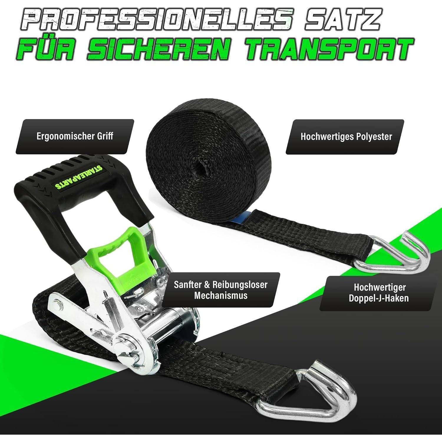 Produktbild eines robusten Spanngurtsatzes für Frachtsicherung mit Ratschenverschluss und Haken, gekennzeichnet als professionell, sichere Beförderung; hebt ergonomischen Griff, Polyestergurt, sanftlaufenden Mechanismus und doppelte J-Haken hervor.