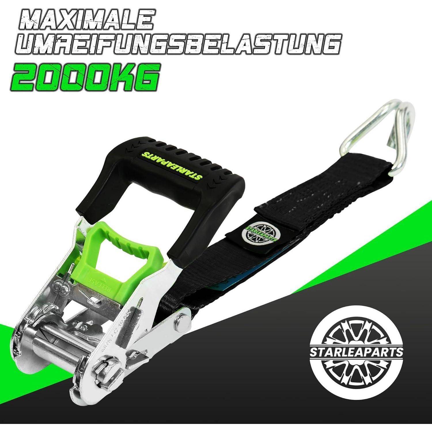 Spannriemen mit Ratschenmechanismus und Metallschnalle mit grünem Griff, gekennzeichnet mit „MAXIMALE UMREIFUNGSBELASTUNG 2000KG
