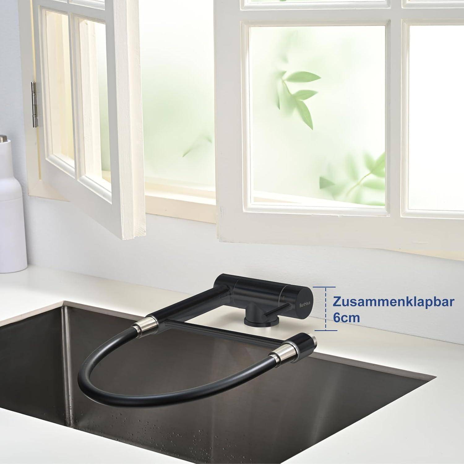 Ausziehbare Küchenarmatur, Klappbare Küchenarmatur, 360° Schwenkbare Spültischarmatur in Gebürstetem Edelstahl (Mattschwarz)