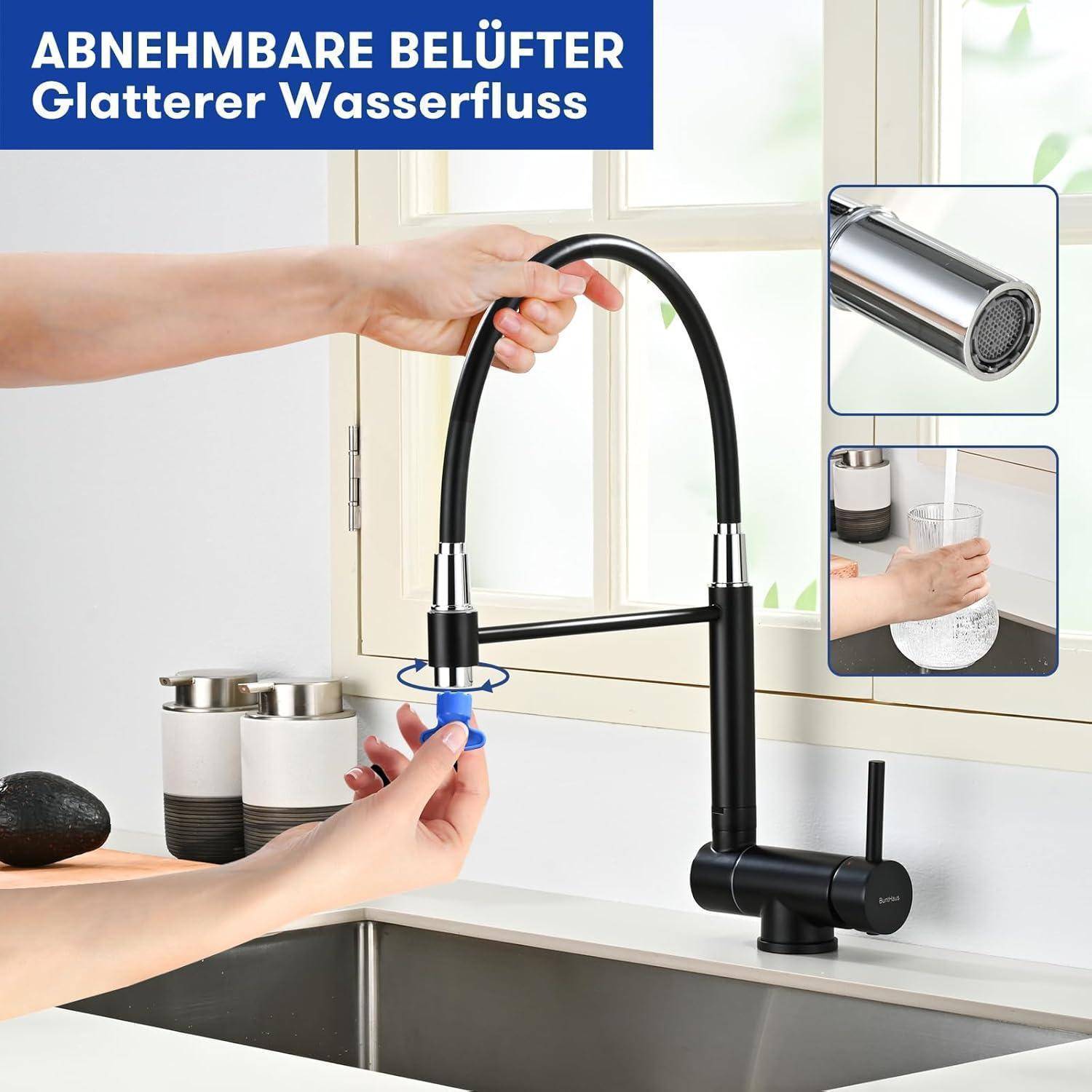 Ausziehbare Küchenarmatur, Klappbare Küchenarmatur, 360° Schwenkbare Spültischarmatur in Gebürstetem Edelstahl (Mattschwarz)