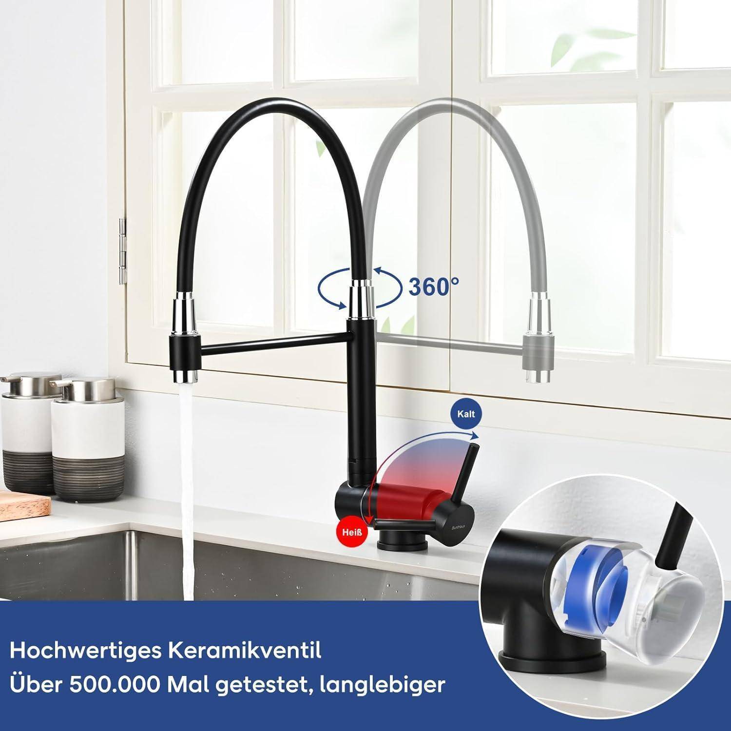 Ausziehbare Küchenarmatur, Klappbare Küchenarmatur, 360° Schwenkbare Spültischarmatur in Gebürstetem Edelstahl (Mattschwarz)