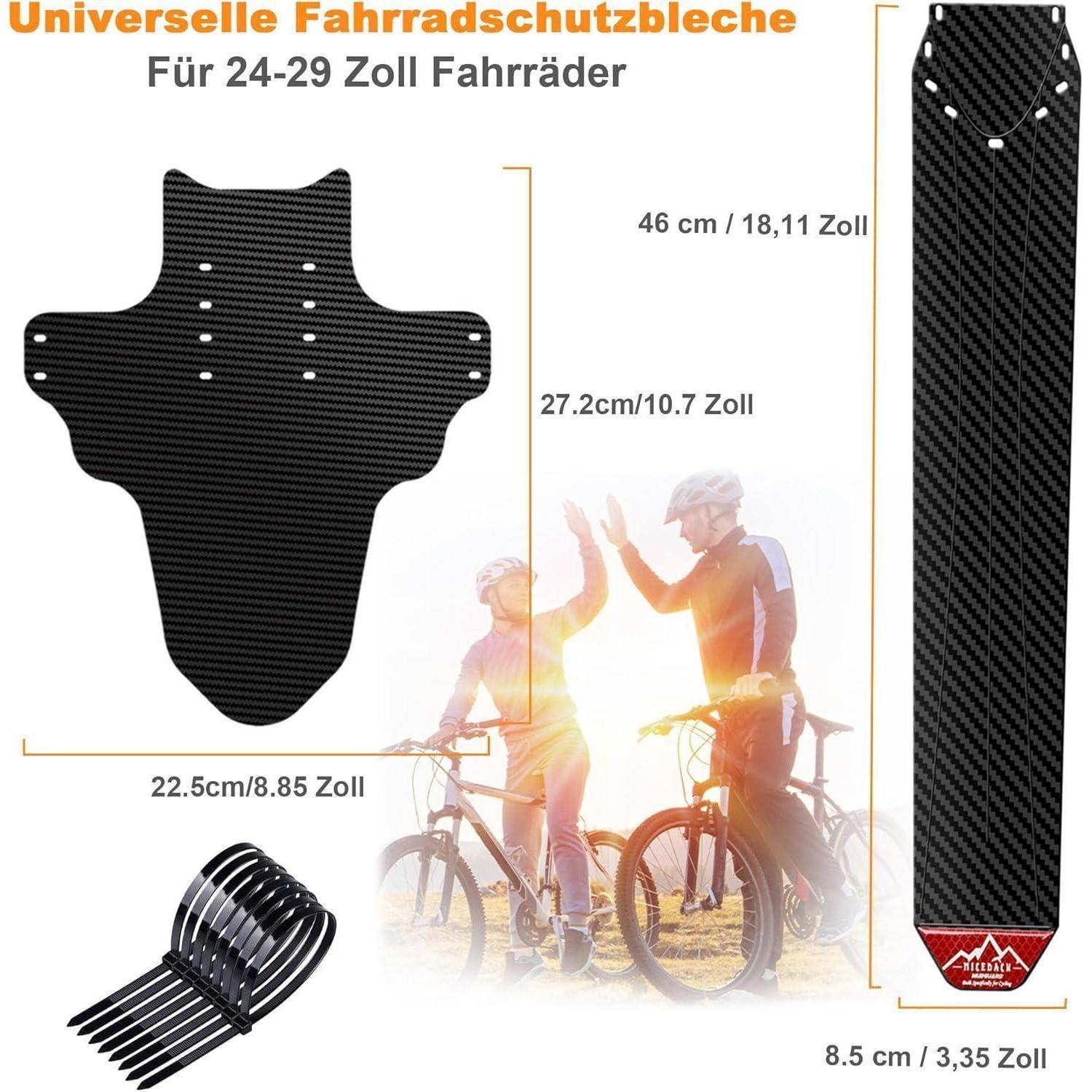 Produktbild von universellen Fahrradschutzschutzblech für 24-29 Zoll Fahrräder, das Form, Abmessungen und ein installiertes Beispiel zeigt.