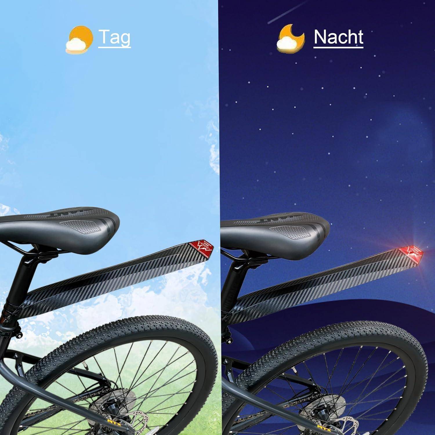 Geteiltes Bild, das ein Fahrrad im "Tag"" und in der ""Nacht"" vergleicht; die Nachtaufnahme zeigt ein rotes Rücklicht auf der Sattelstütze für bessere Sichtbarkeit.
