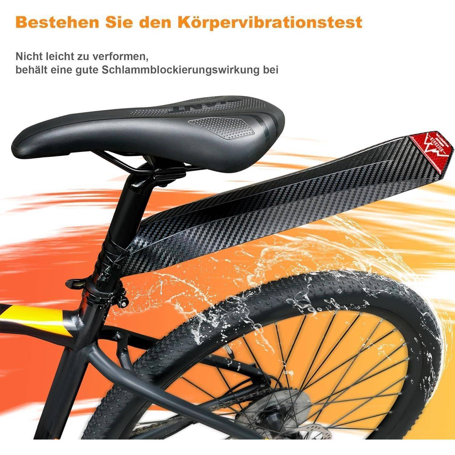 Produktanzeige, die einen Fahrradsattel und ein Hinterrad zeigt, mit deutschem Text „Bestehen Sie den Körpervibrationstest" und „Nicht leicht zu verformen, behält eine gute Schlammblockierungswirkung bei"".