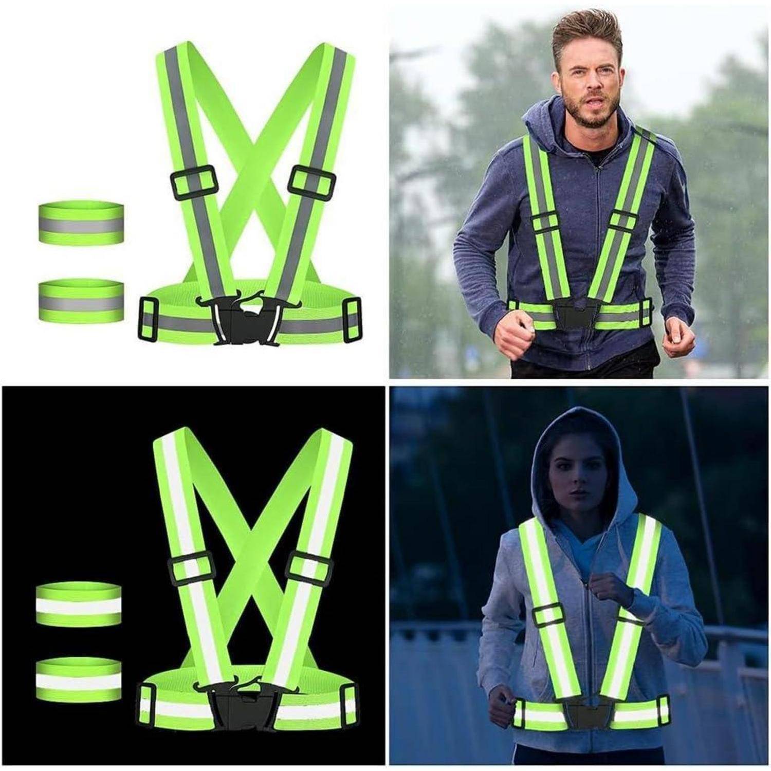 Zusammengesetztes Bild mit einer neongrünen reflektierenden Sicherheitsausrüstung/Weste in Produktaufnahmen und getragen von einem Mann und einer Frau beim Joggen im Freien, wobei die Sichtbarkeit in der Nacht hervorgehoben wird.