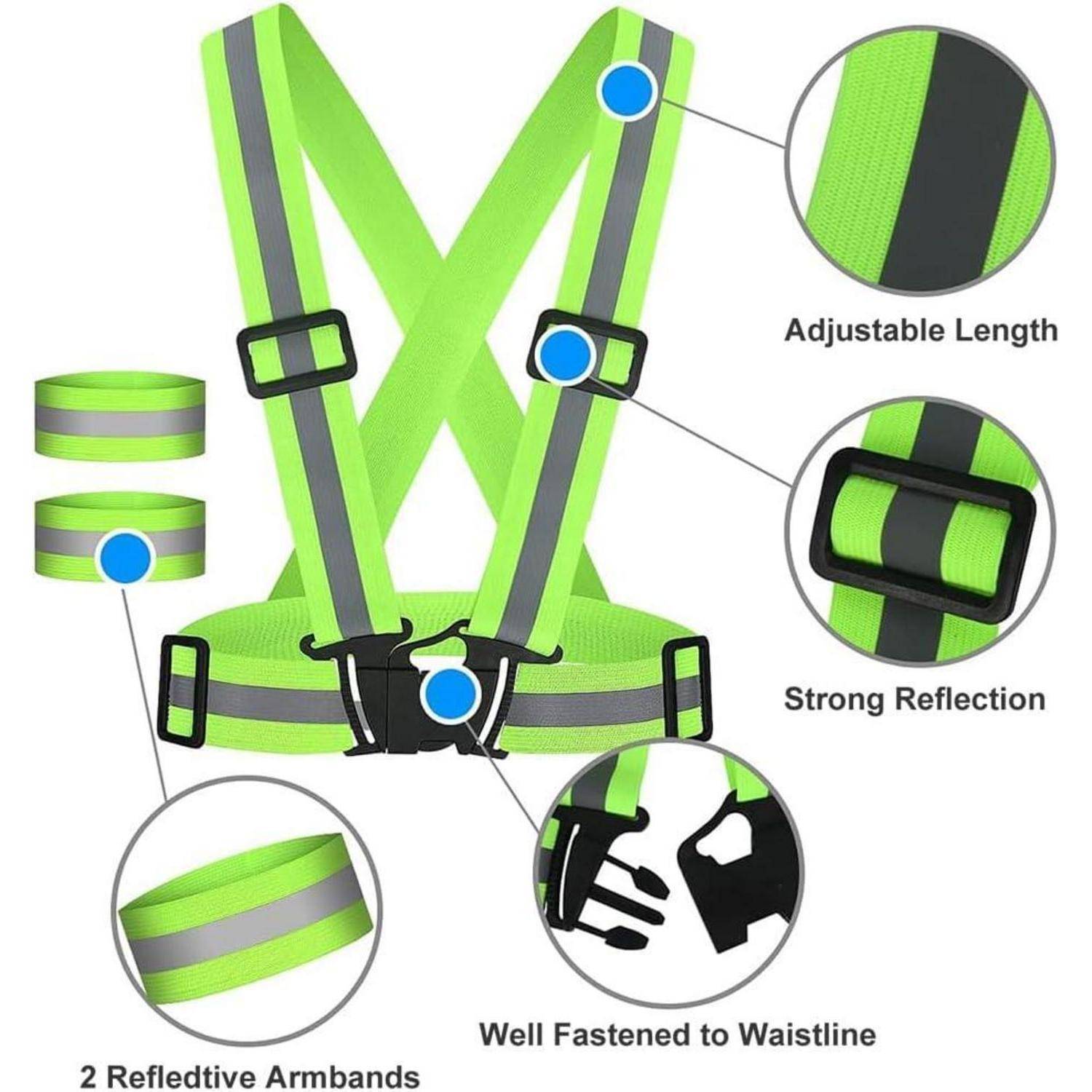 Hochsichtbare grüne reflektierende Sicherheitsweste mit verstellbaren Riemen, starken reflektierenden Bändern, Taillenverschluss und zwei reflektierenden Armbändern, die im Detail gezeigt werden.