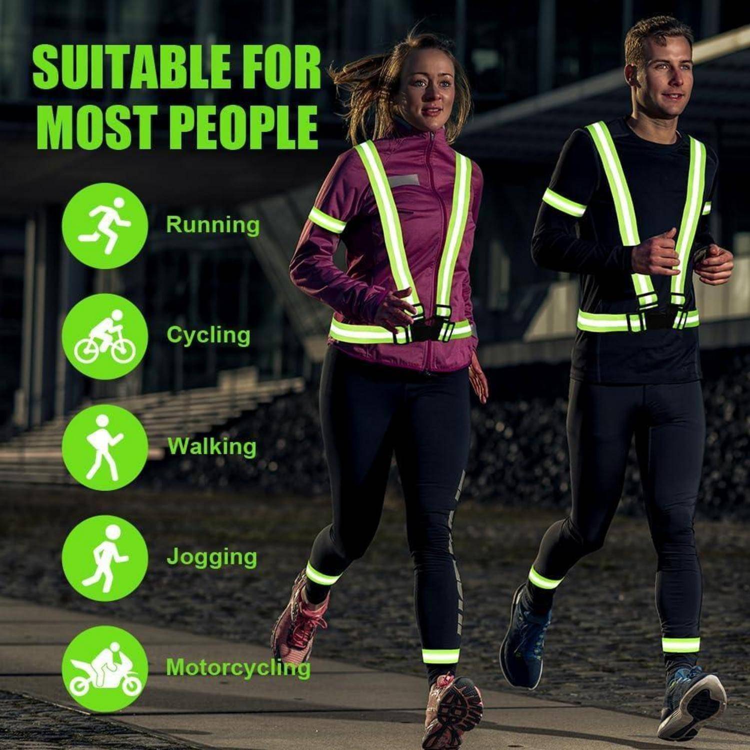 Werbebild von zwei Personen, die nachts in reflektierender Fitness-Kleidung joggen, mit dem Text „FÜR DIE MEISTEN MENSCHEN GEEIGNET