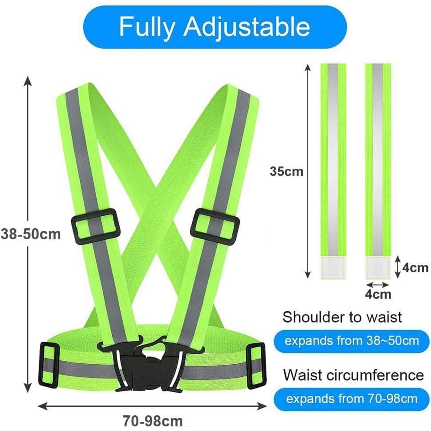 Vollständig verstellbares neongrünes reflektierendes Sicherheitsgeschirr mit Riemen und Schnallen, zeigt Schulterlänge 35 cm, Schulter-zu-Taille 38-50 cm und Taille 70-98 cm.