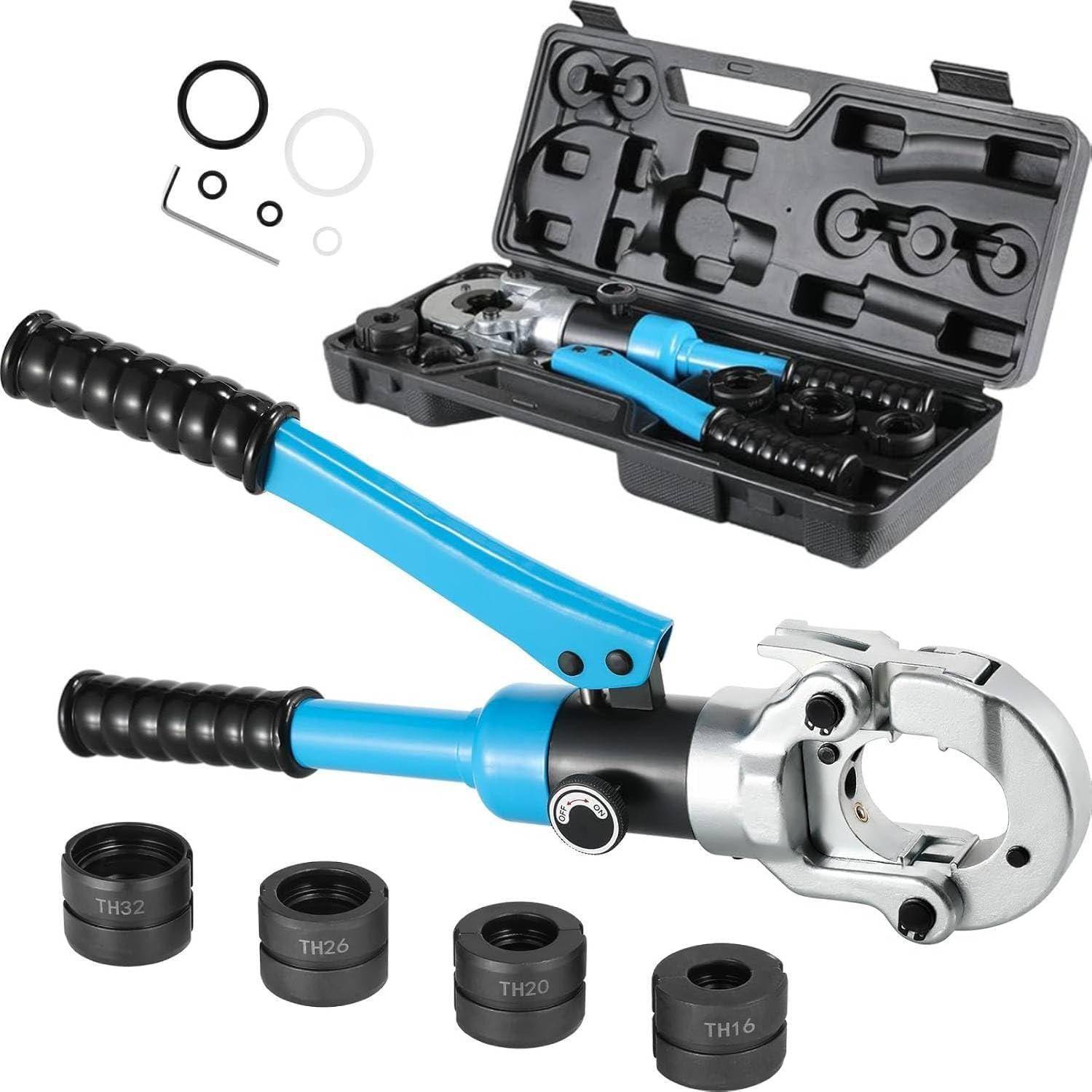 Hydraulisches Kabelschneider-Set mit blau-schwarzem Schneidewerkzeug, Stanzadaptern und Transportkoffer auf weißem Hintergrund.
