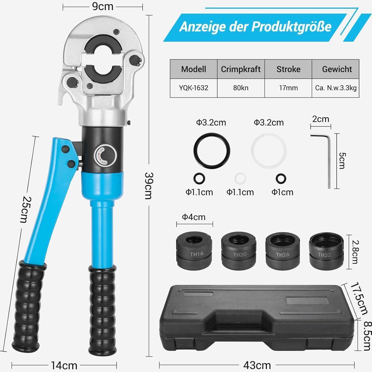 TLGREEN Profi Presszange TH-Kontur für Aluminium &Kunststoffrohren,16-20-26-32mm,360° drehbarem Kopf,8T Presswerkzeug,Crimpzangen Presskraft,Rohrpre