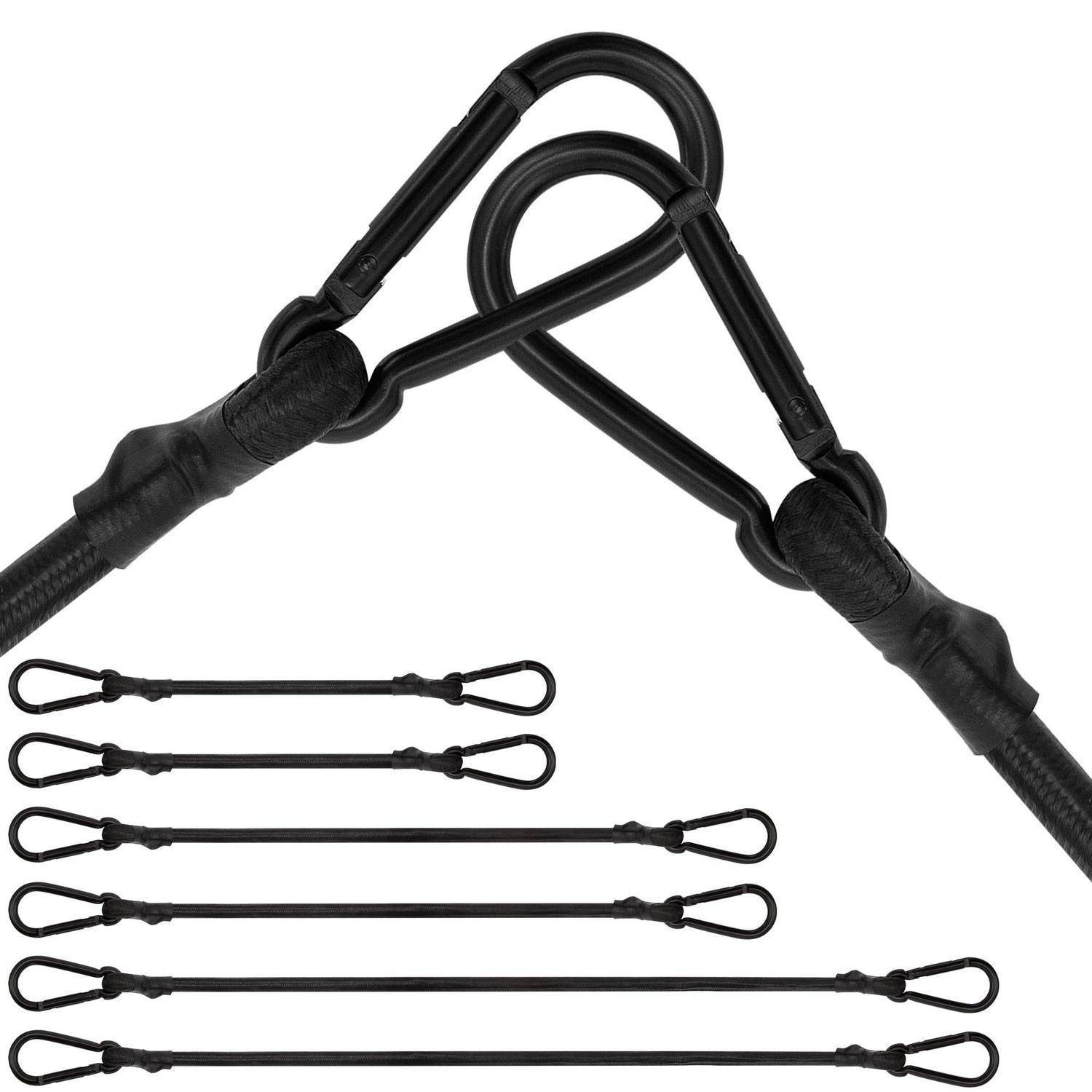 Schwarze Bungee-Schnurstränge mit Metallclips, oben in einer Schleife gezeigt und mehrere gerade Längen darunter auf weißem Hintergrund.