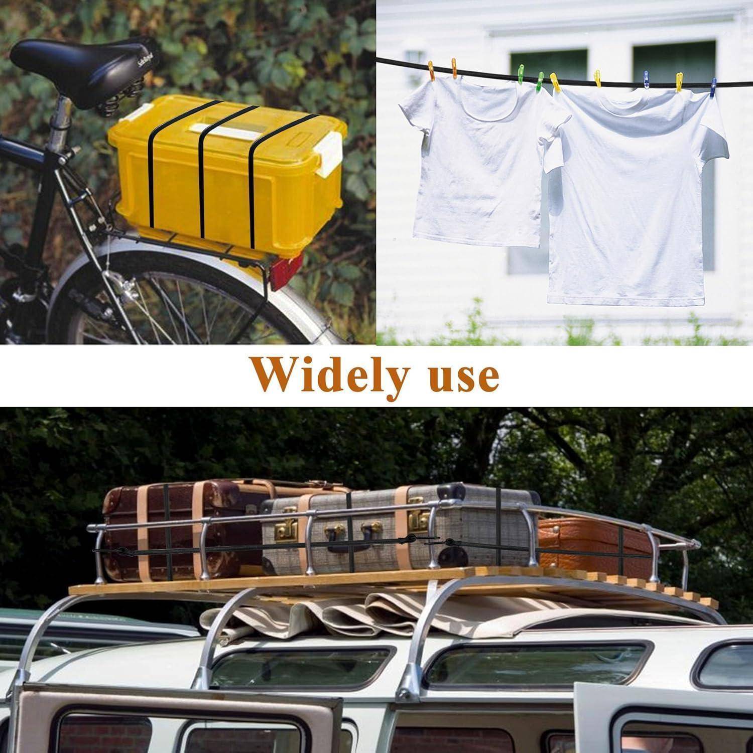 Collage mit einer gelben Fahrradfrachtbox, weißen Hemden, die an einer Wäscheleine trocknen, und Gepäck auf einem Dachgepäckträger eines Autos, beschriftet mit „Vielfältige Verwendung