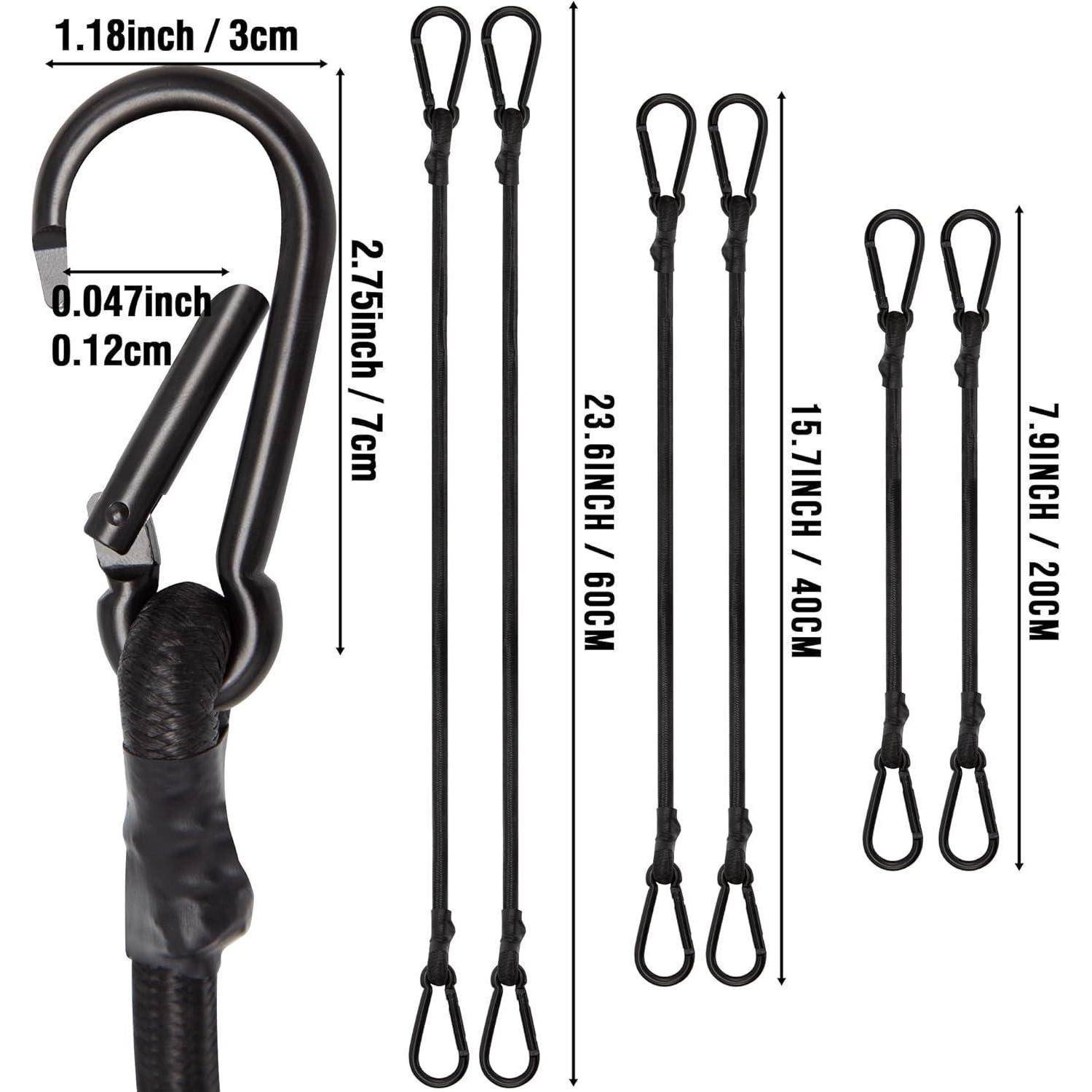 Diagramm schwarzer verstellbarer Riemen mit Metallhaken, dargestellt in vier Längen von 7,9 bis 23,6 Zoll, mit beschrifteten Größenmessungen.
