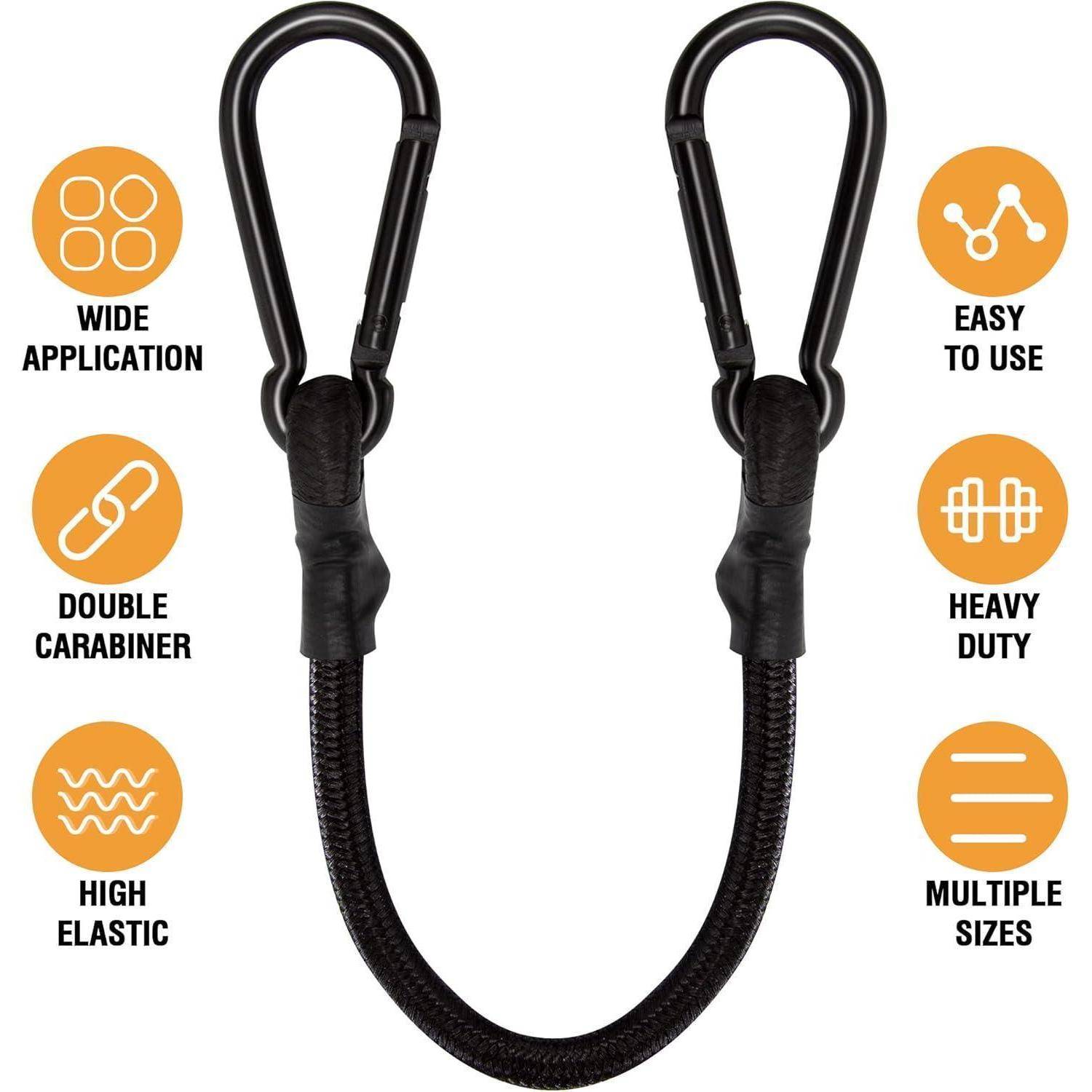 Schwarzes elastisches Ausrüstungs-Sicherungsseil mit zwei Karabinern, dargestellt mit Funktionssymbolen für breite Anwendung, doppelter Karabiner, hohe Elastizität, einfache Handhabung, strapazierfähig und mehrere Größen.
