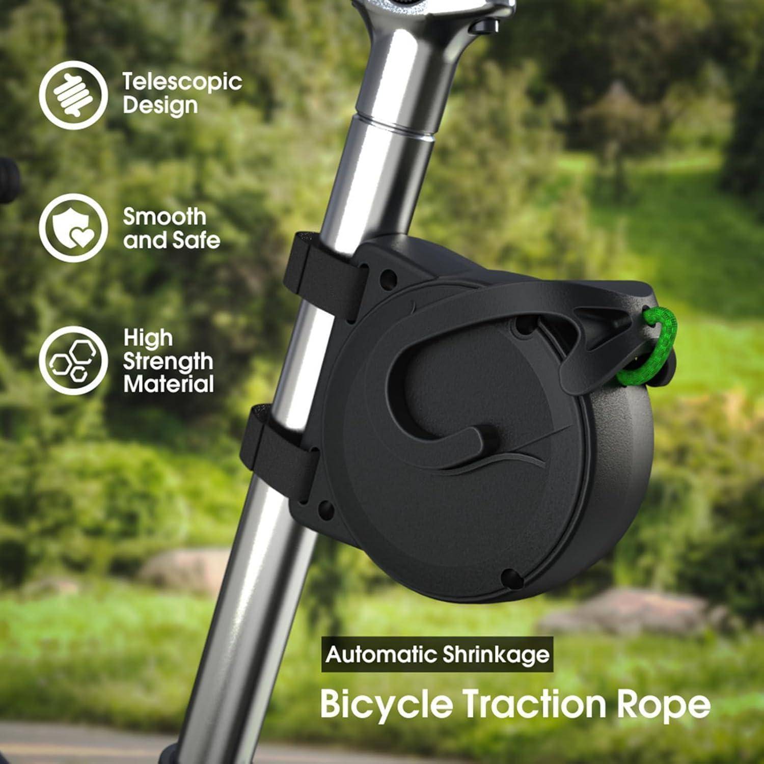 Illustration eines automatischen Schrumpfungs-Fahrradzugseil, das auf einer Teleskopstange eines Rollers montiert ist, mit Beschriftungen, die das Teleskopdesign, sichere und reibungslose Verwendung sowie hochfestes Material hervorheben.