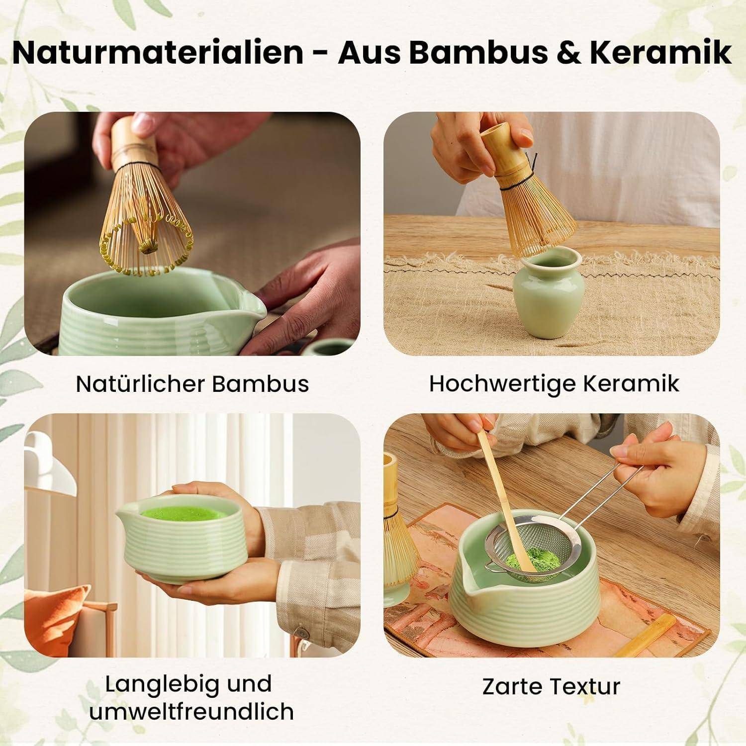 Infografik über Naturmaterialien mit Bambus und Keramik-Teeservice mit Beschriftungen: „Natürlicher Bambus