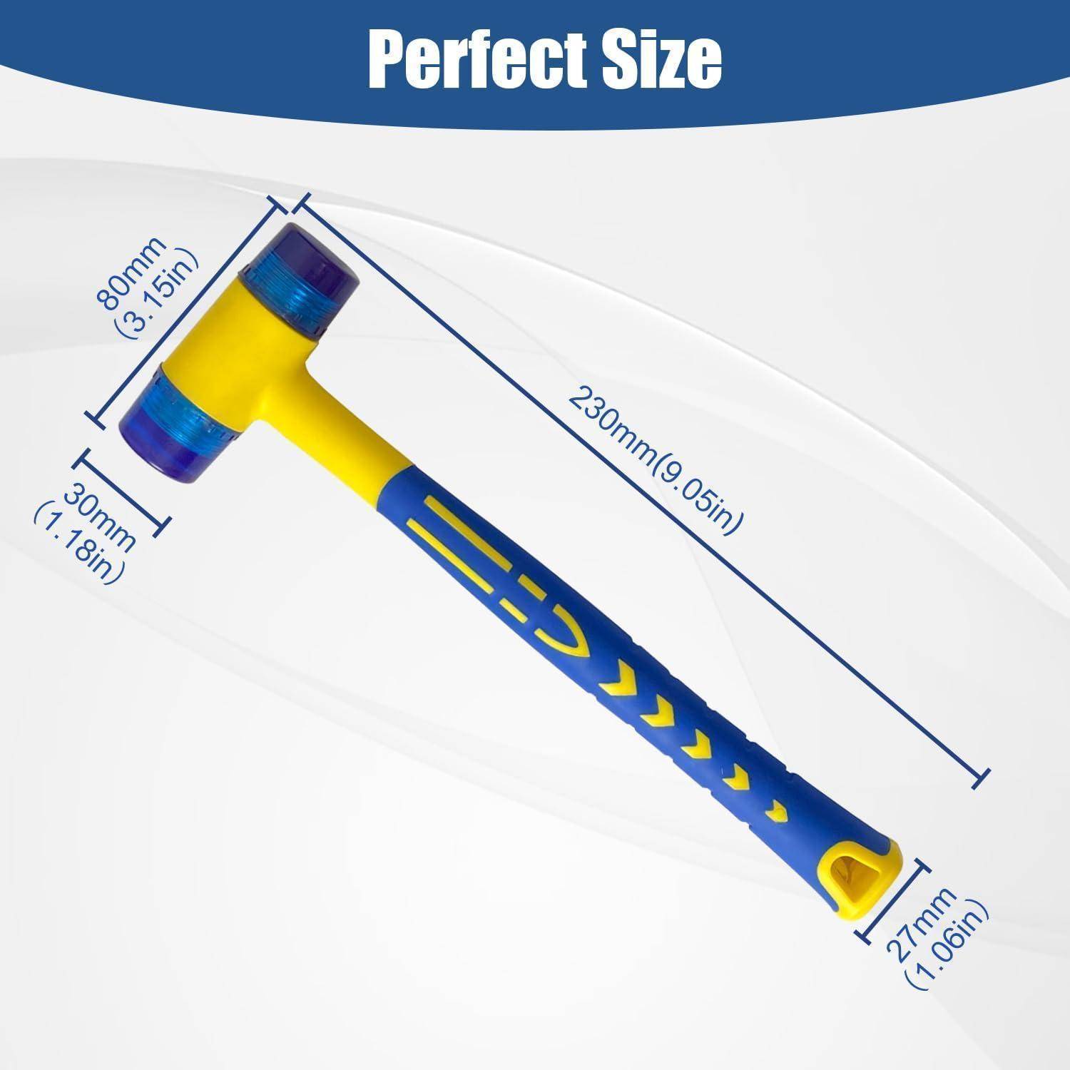 Größendiagramm eines blau und gelben Hammers mit der Bezeichnung „Perfekte Größe