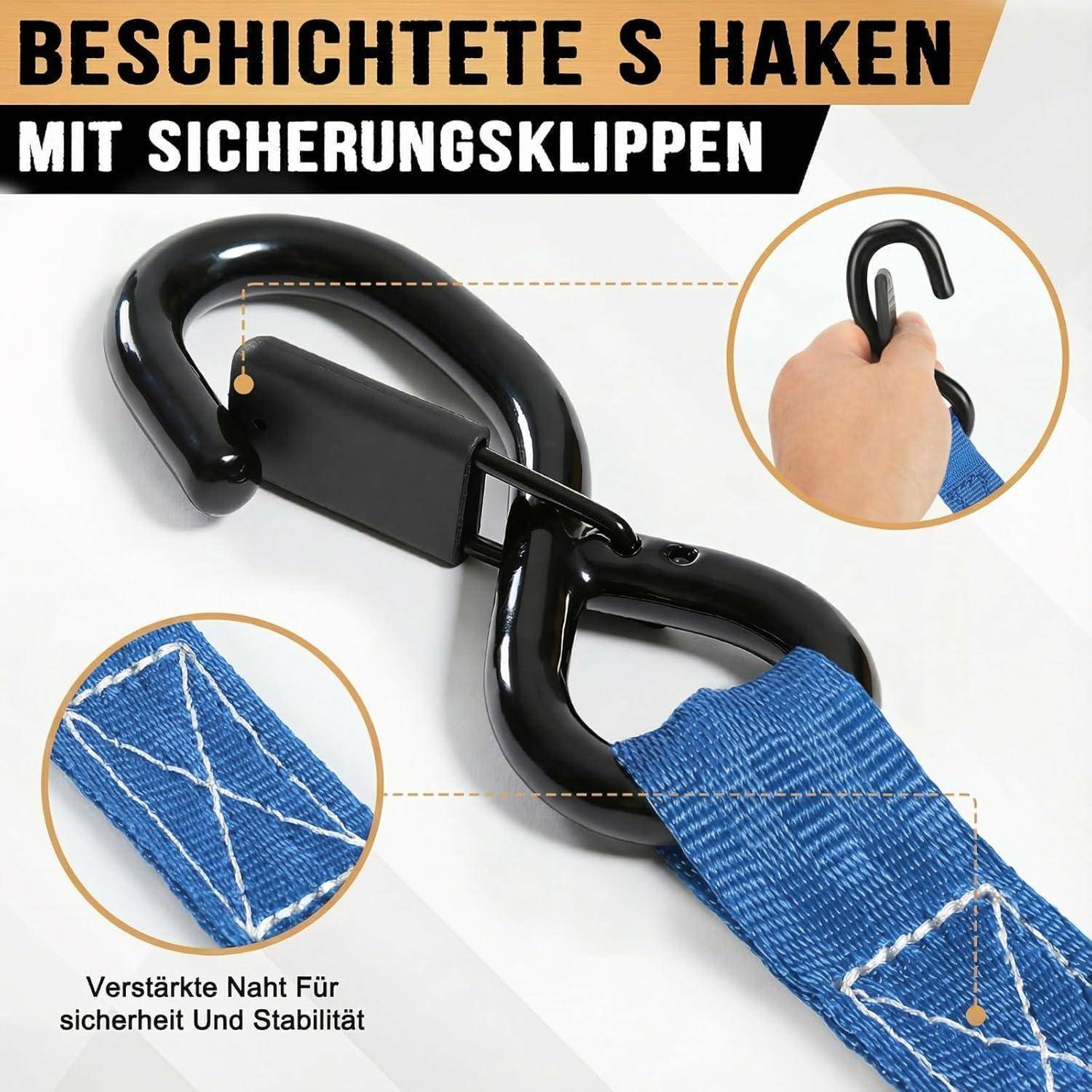 Schwarzer gebogener Haken mit Sicherungsclip, der einen blauen Riemen sichert; Einsatzfotos zeigen, wie der Clip geöffnet wird und die verstärkte Naht für Stabilität.