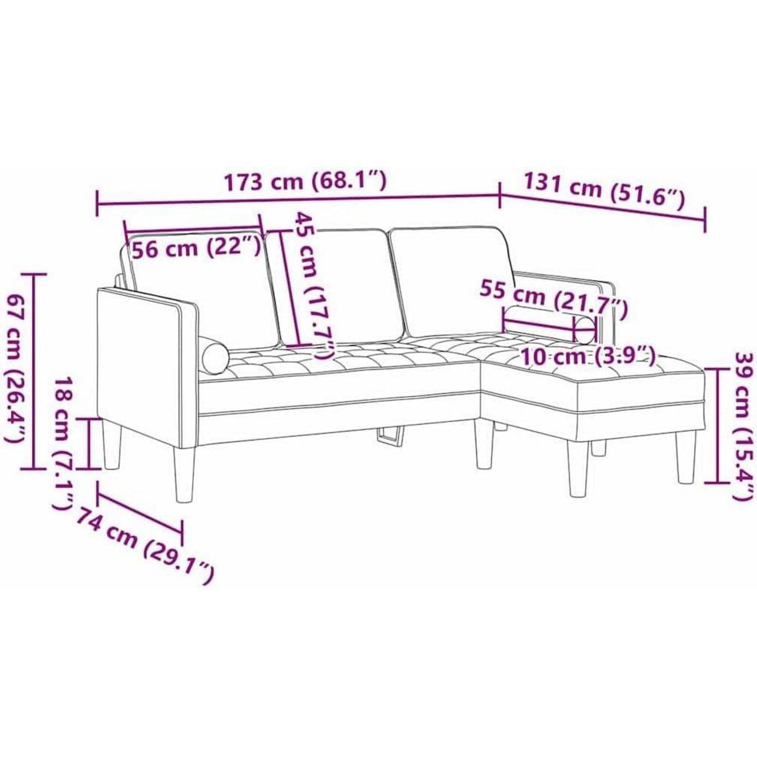 Linienzeichnung eines L-förmigen Sofas mit beschrifteten Abmessungen: 173 cm und 131 cm Gesamtlänge, 67 cm Höhe, 74 cm Tiefe und Sitz-/Rückenlehnen-Maße in cm und Zoll.