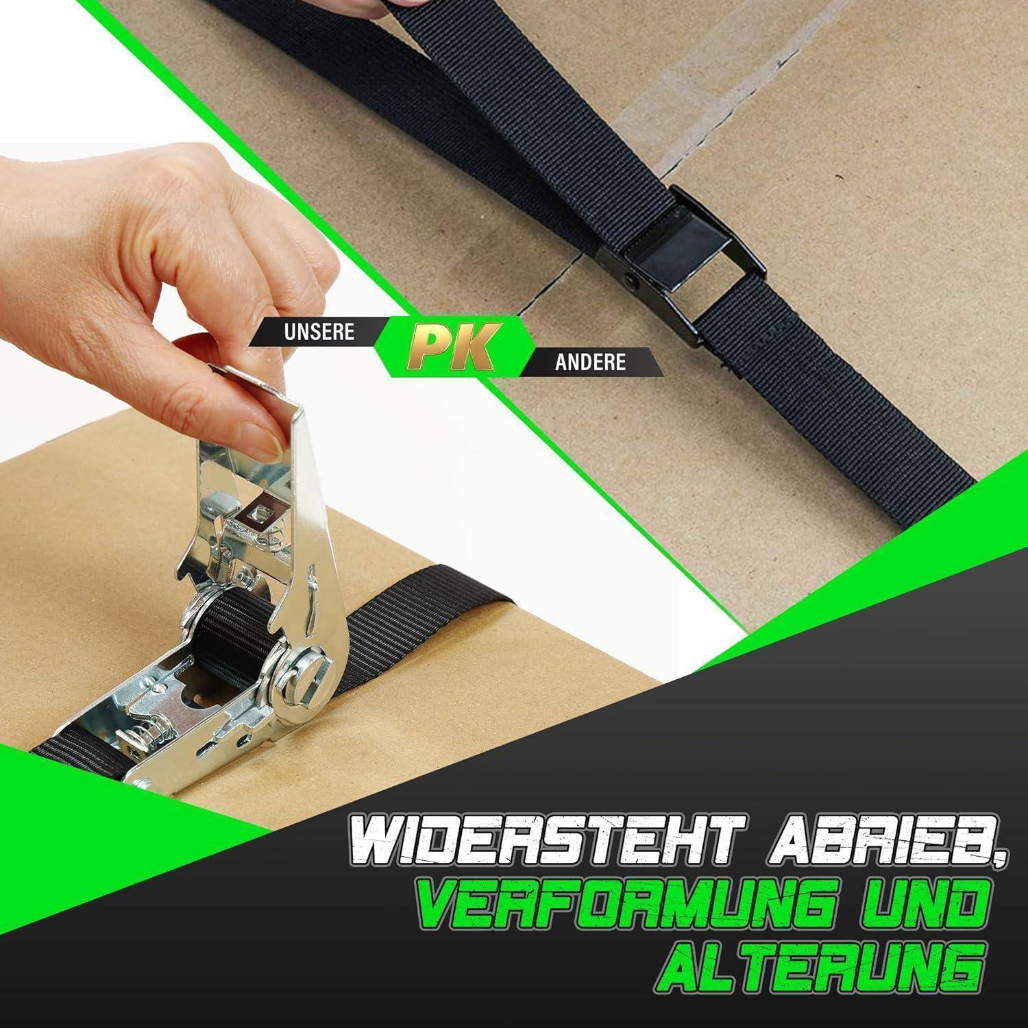 Packband und Ratschenschnalle zur Sicherung von Kartonagen, Veranschaulichung der Widerstandsfähigkeit gegen Abrieb, Verformung und Alterung.