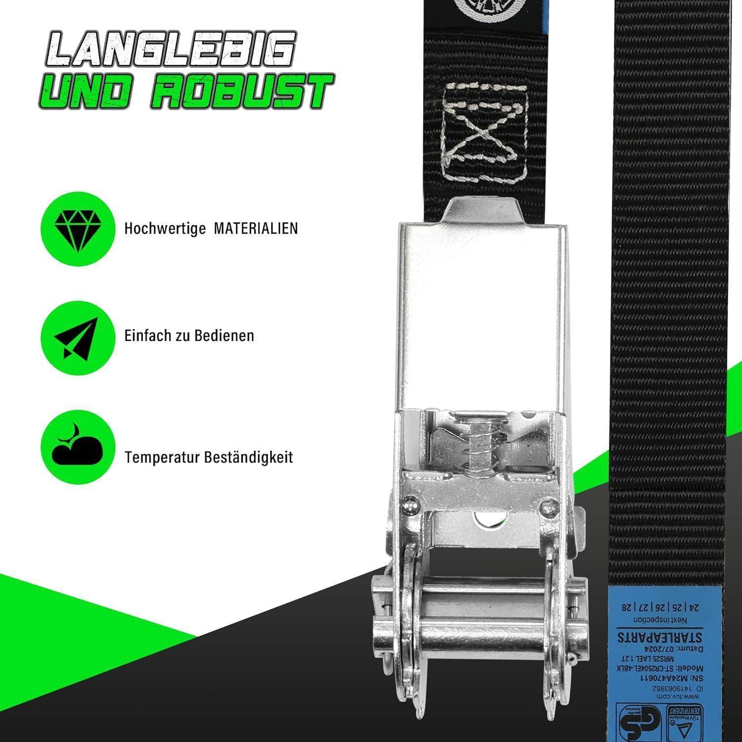 StarLeaparts 4 Stück Spanngurte mit Ratsche, 25mm x 4m - 1800kg Kapazität, TÜV/GS Zertifiziert, Ratschengurte Vielseitige Zurgurte für Auto, Sackk
