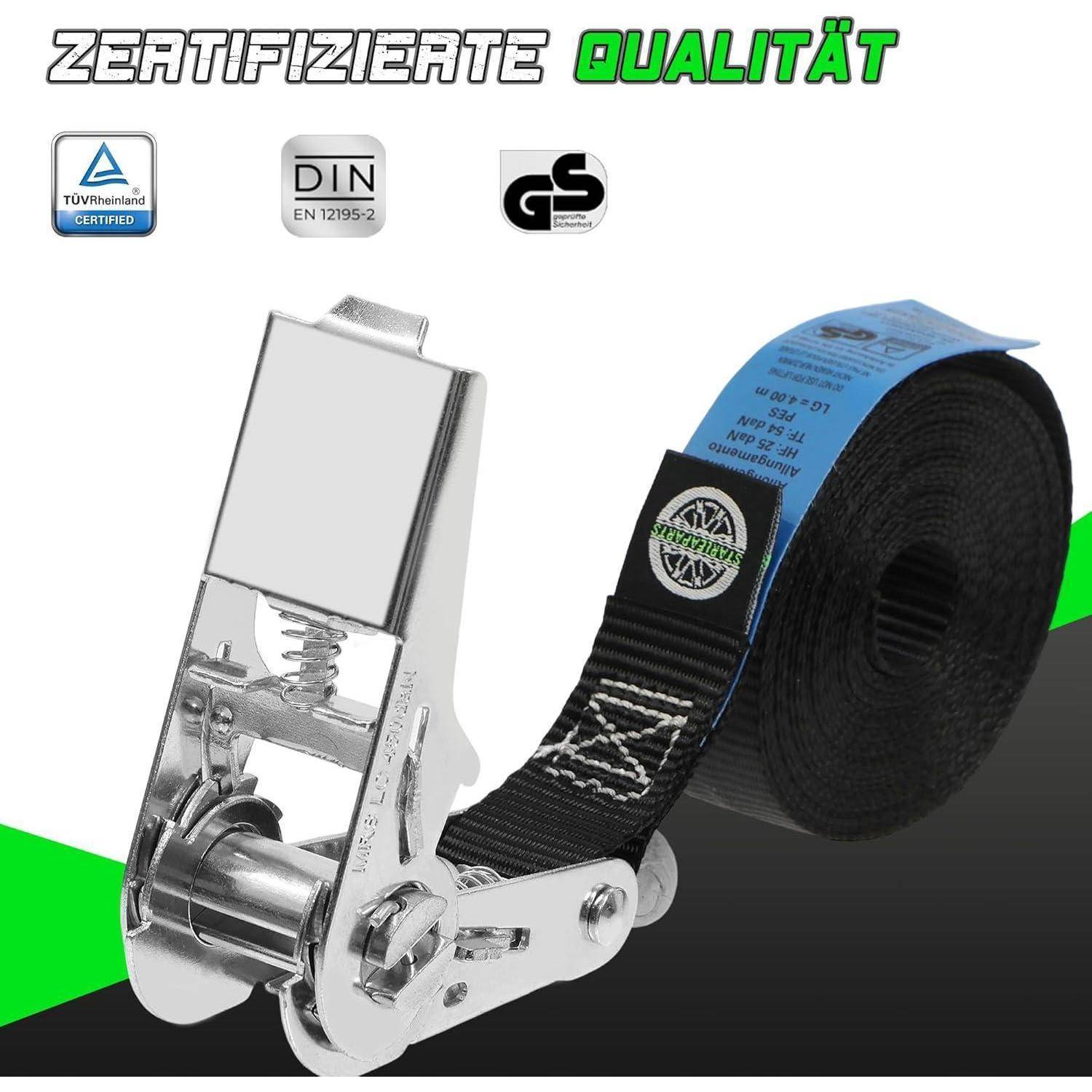 Ratschenverschluss-Spanngurt mit Metallschnalle und gerolltem schwarzen Gurtband, gekennzeichnet mit „ZERTIFIZIERTE QUALITÄT
