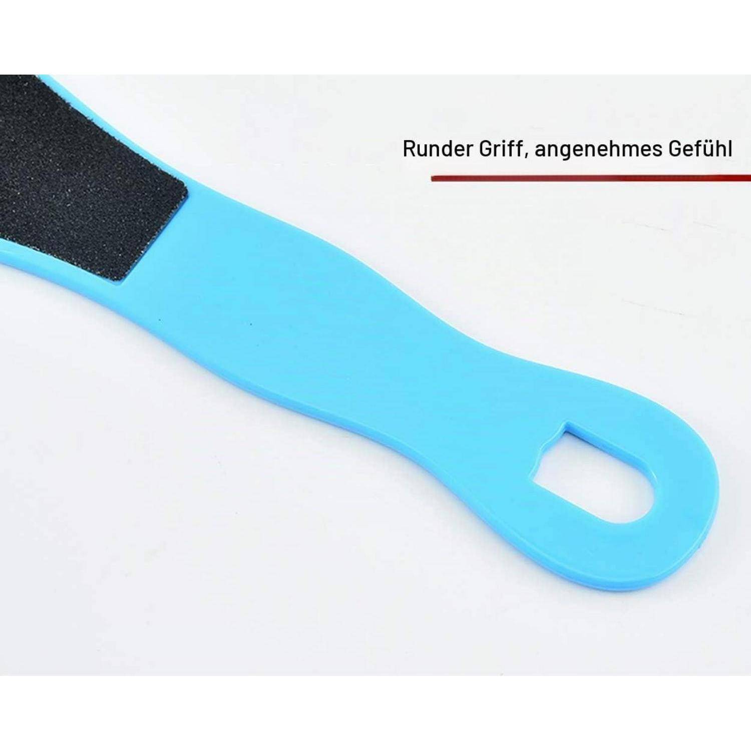 Nahaufnahme eines blauen Kunststoff-Schrubberburstenstiels mit Aufhängeloch und schwarzem Griffpolster, beschriftet mit „Runder Griff, angenehmes Gefühl", um den gerundeten, komfortablen Griff hervorzuheben.