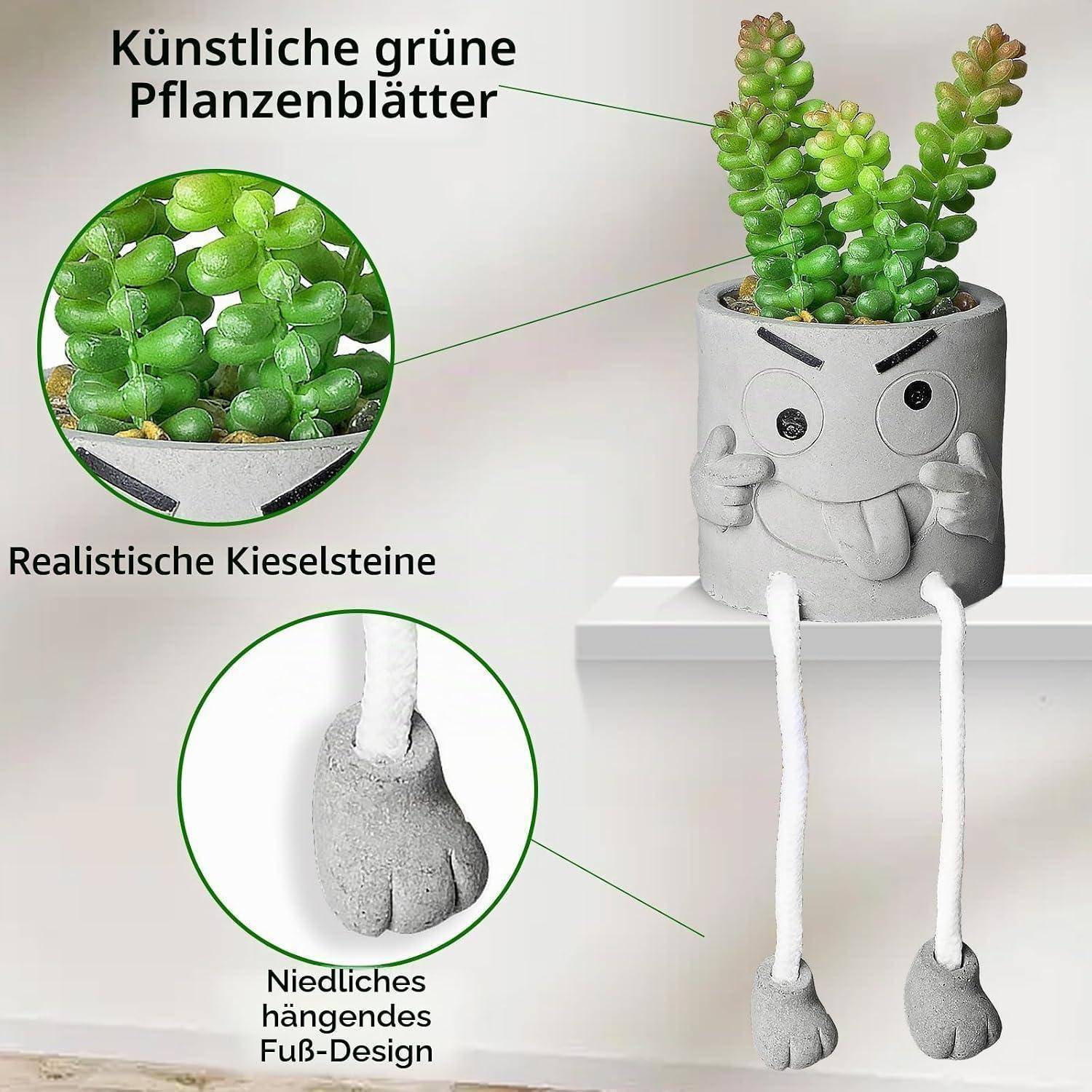 Produktbild eines verspielten grauen Pflanzgefäßes mit Gesicht, baumelnden Beinen, grünen künstlichen Sukkulentenblättern und deutschen Etiketten, die künstliche Blätter, realistische Kieselsteine und ein niedliches baumelndes Fußdesign hervorheben.