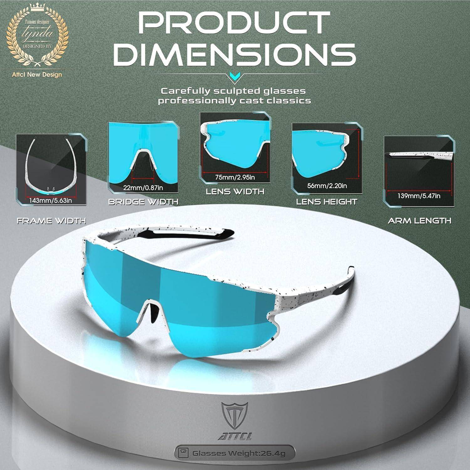 Produktdimensions-Infografik für Sonnenbrillen mit Rahmengröße 143mm, Stegbreite 22mm, Linsenbreite 75mm, Linsenhöhe 56mm und Bügellänge 139mm, mit einem blauen Wrap-Around-Modell auf einem Sockel.