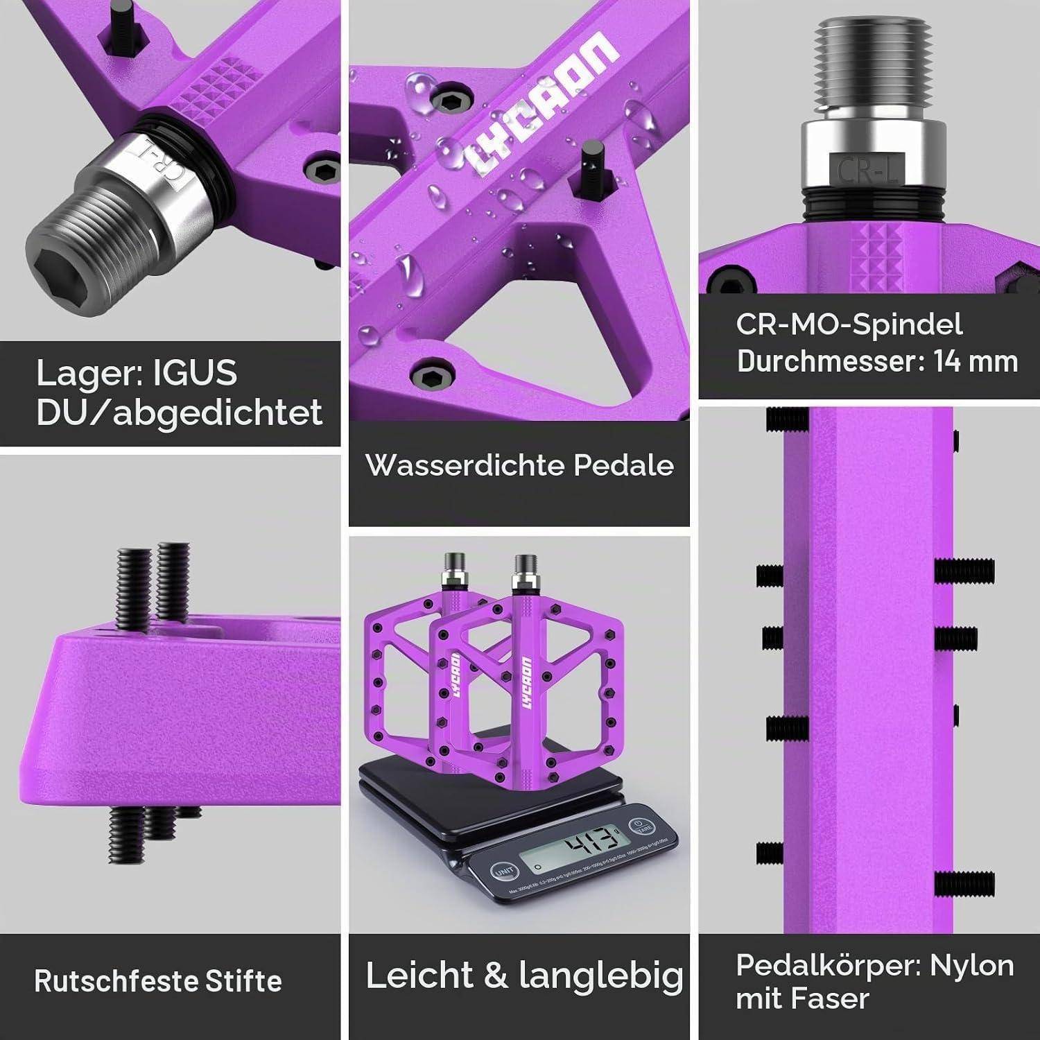 Collage violetter Fahrradpedale, die wasserdichtes, leichtes Design hervorheben: IGUS DU-Lager mit Dichtung, CR-MO-Spindel 14 mm, Kunststoffaserkörper und rutschfeste Stifte.